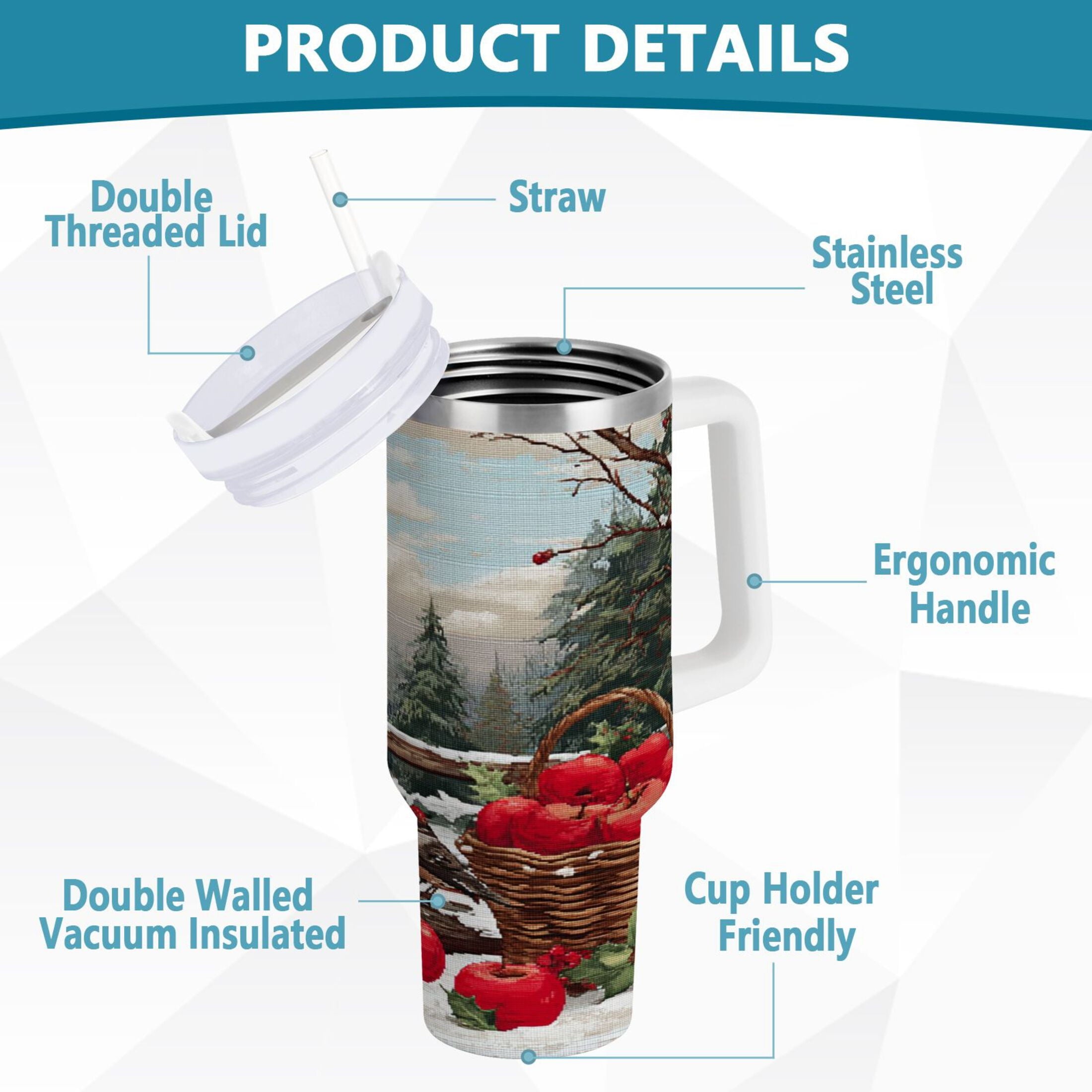 30 oz Insulated Stainless Steel Tumbler Double Wall Stainless Steel Tumbler with 2-Way Drinking Apples and Baskets C529T