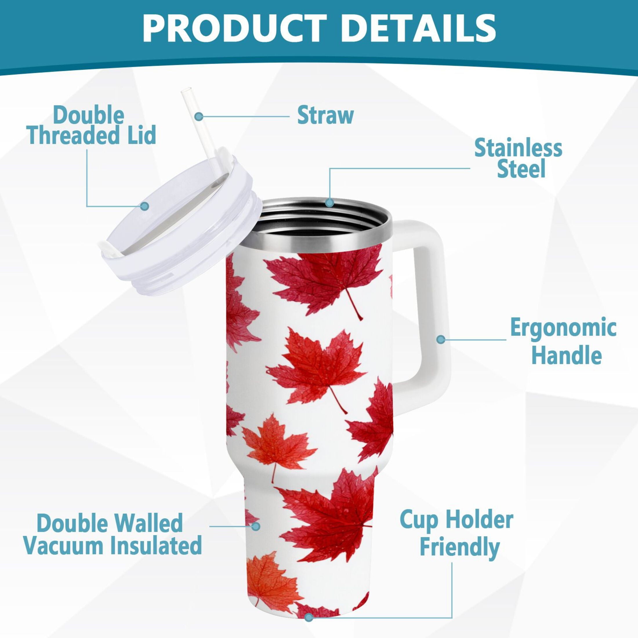 30 oz Insulated Stainless Steel Tumbler Double Wall Stainless Steel Tumbler with 2-Way Drinking Vibrant Red Maple Leaves C454L