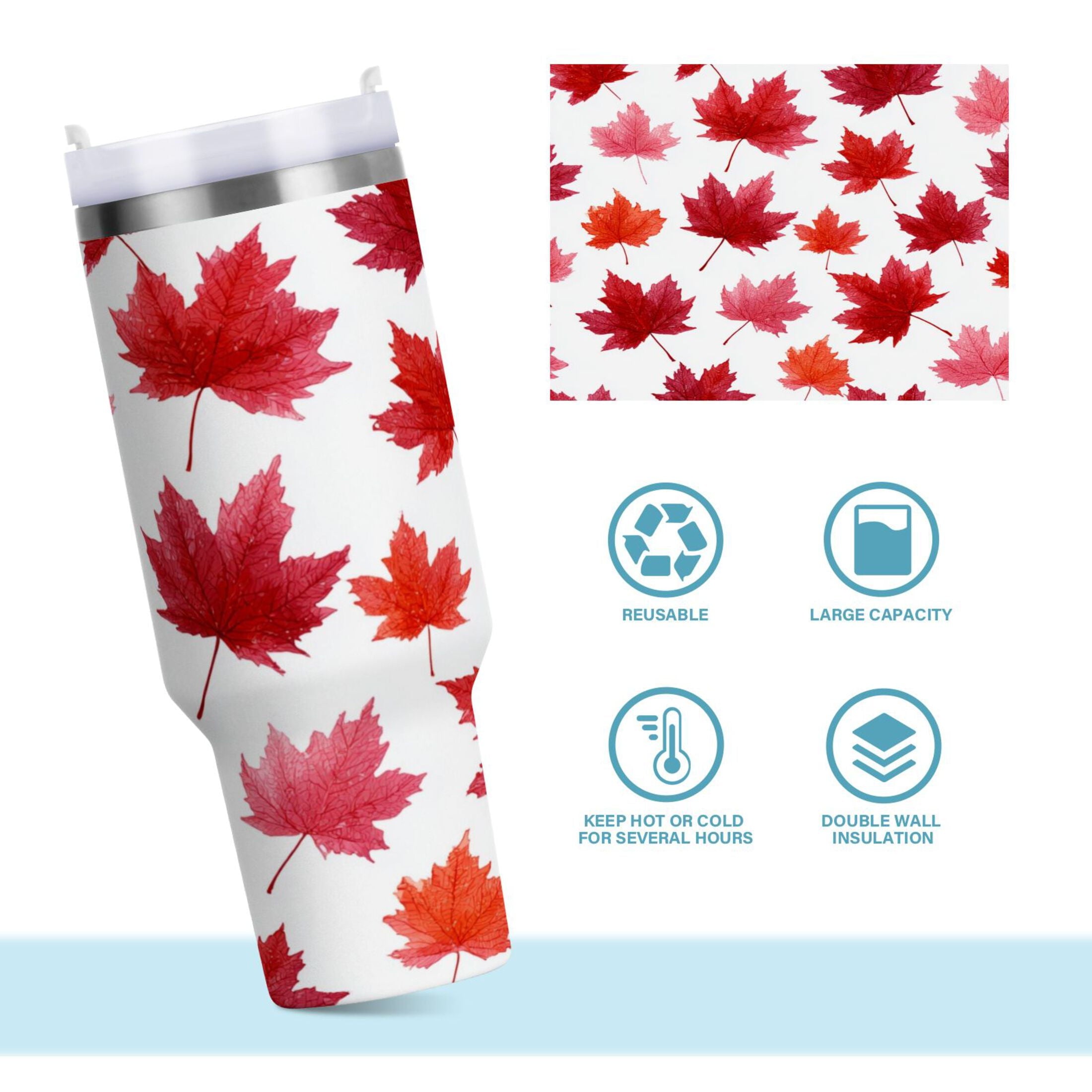 30 oz Insulated Stainless Steel Tumbler Double Wall Stainless Steel Tumbler with 2-Way Drinking Vibrant Red Maple Leaves C454L