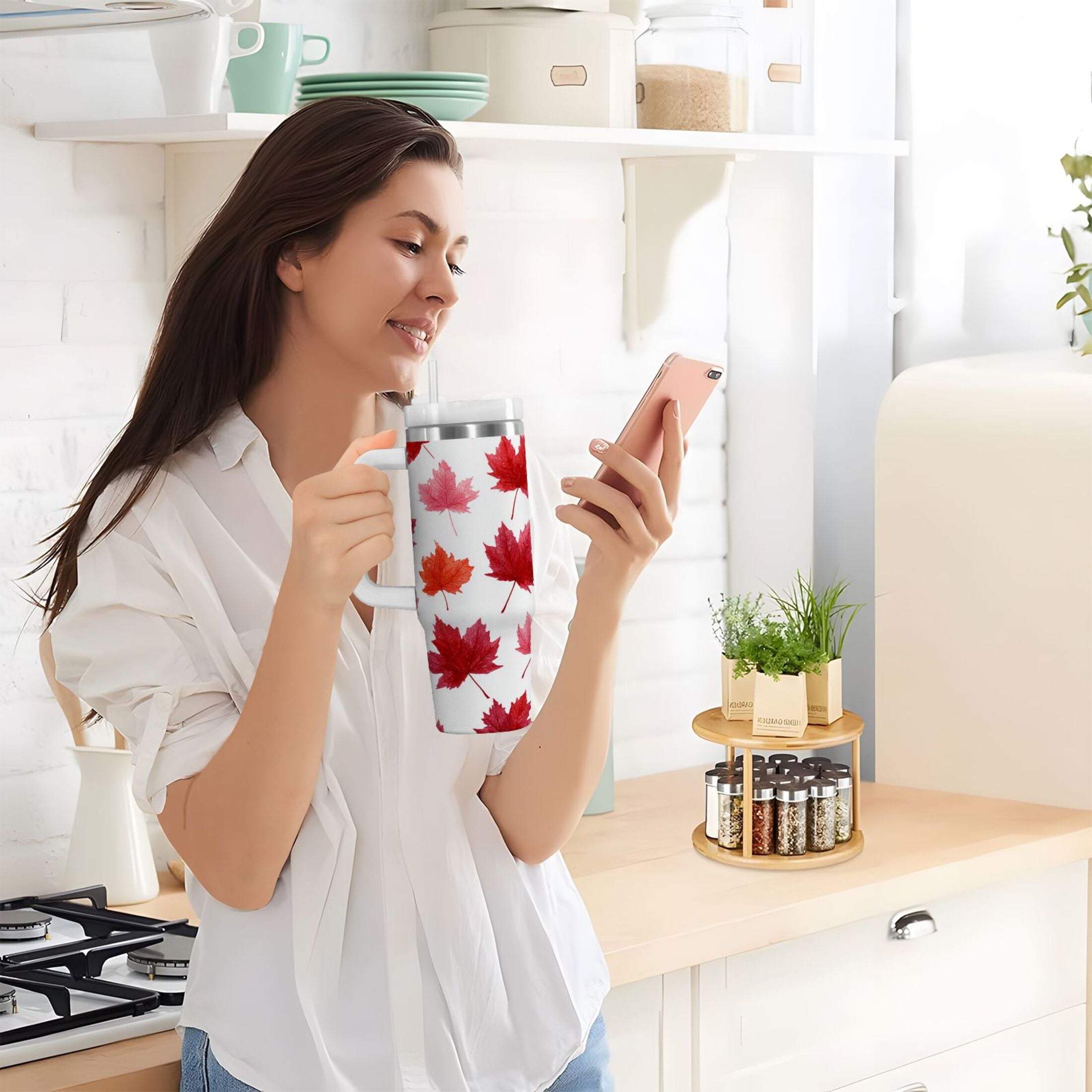 30 oz Insulated Stainless Steel Tumbler Double Wall Stainless Steel Tumbler with 2-Way Drinking Vibrant Red Maple Leaves C454L