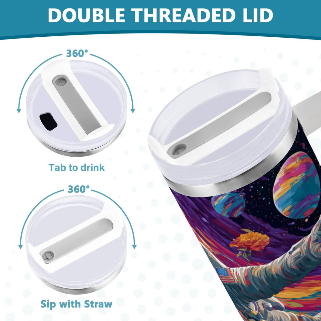 40 oz Insulated Stainless Steel Tumbler Double Wall Stainless Steel Tumbler with 2-Way Drinking Colorful Flowers and Planets C598G