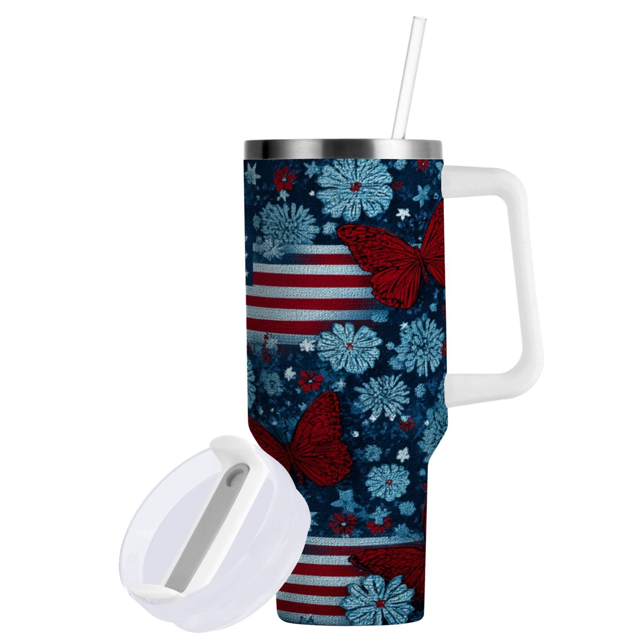 30 oz Insulated Stainless Steel Tumbler Double Wall Stainless Steel Tumbler with 2-Way Drinking Red Butterflies and Flags C621J