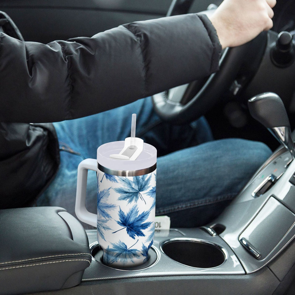 30 oz Insulated Stainless Steel Tumbler Double Wall Stainless Steel Tumbler with 2-Way Drinking Abstract Blue Maple Leaves C581Z