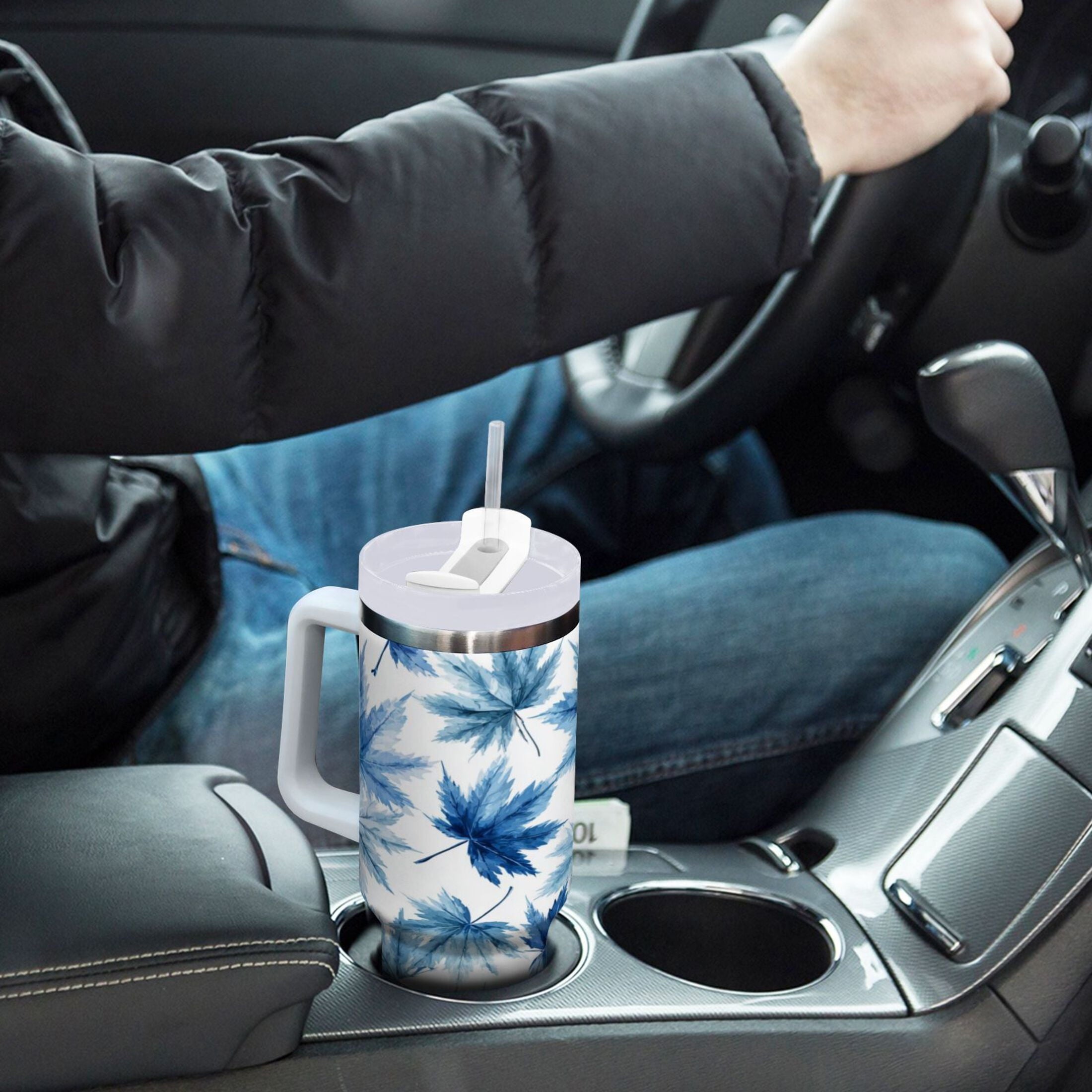 30 oz Insulated Stainless Steel Tumbler Double Wall Stainless Steel Tumbler with 2-Way Drinking Abstract Blue Maple Leaves C581Z