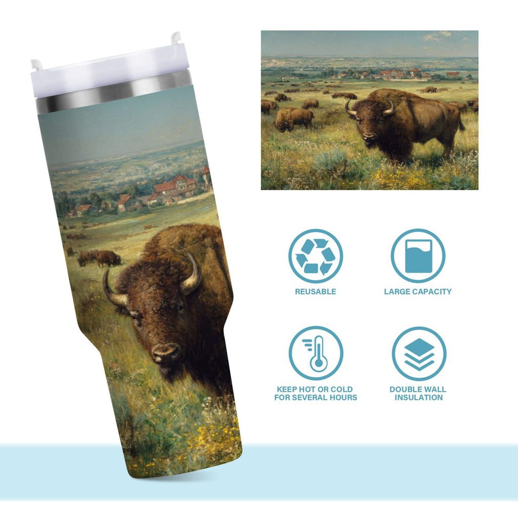 30 oz Insulated Stainless Steel Tumbler Double Wall Stainless Steel Tumbler with 2-Way Drinking Buffalo Herd Oil Painting C660C
