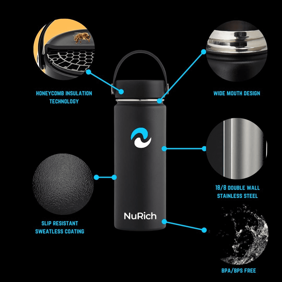 NuRich Sports Water Bottle - 18 Oz, Vacuum Insulated Stainless Steel, Modern Double Walled, Simple Thermo Modern Mug, Hydro Metal Canteen Flask Wide Mouth with Sweat Proof Design for Cold &amp; Hot Temp C684B
