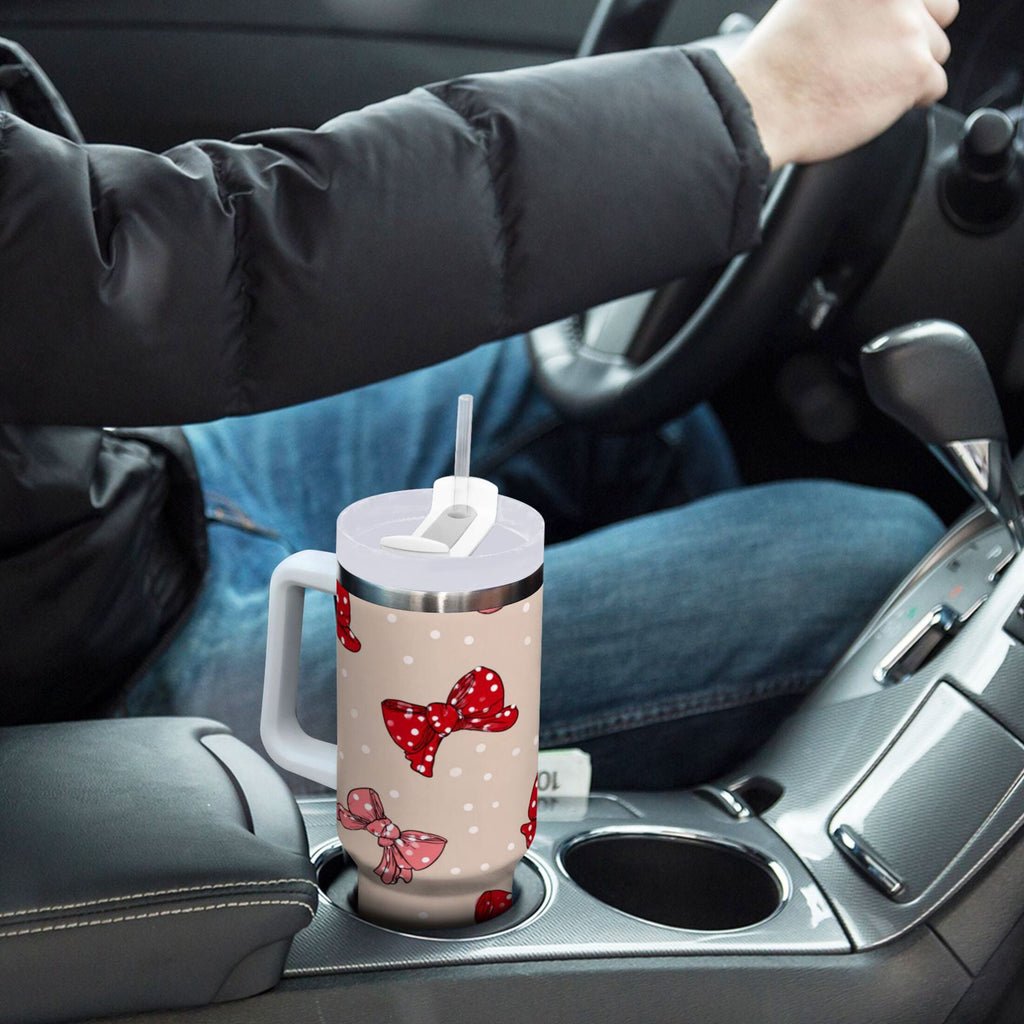 30 oz Insulated Stainless Steel Tumbler Double Wall Stainless Steel Tumbler with 2-Way Drinking Cute Red Bows Pattern C541R