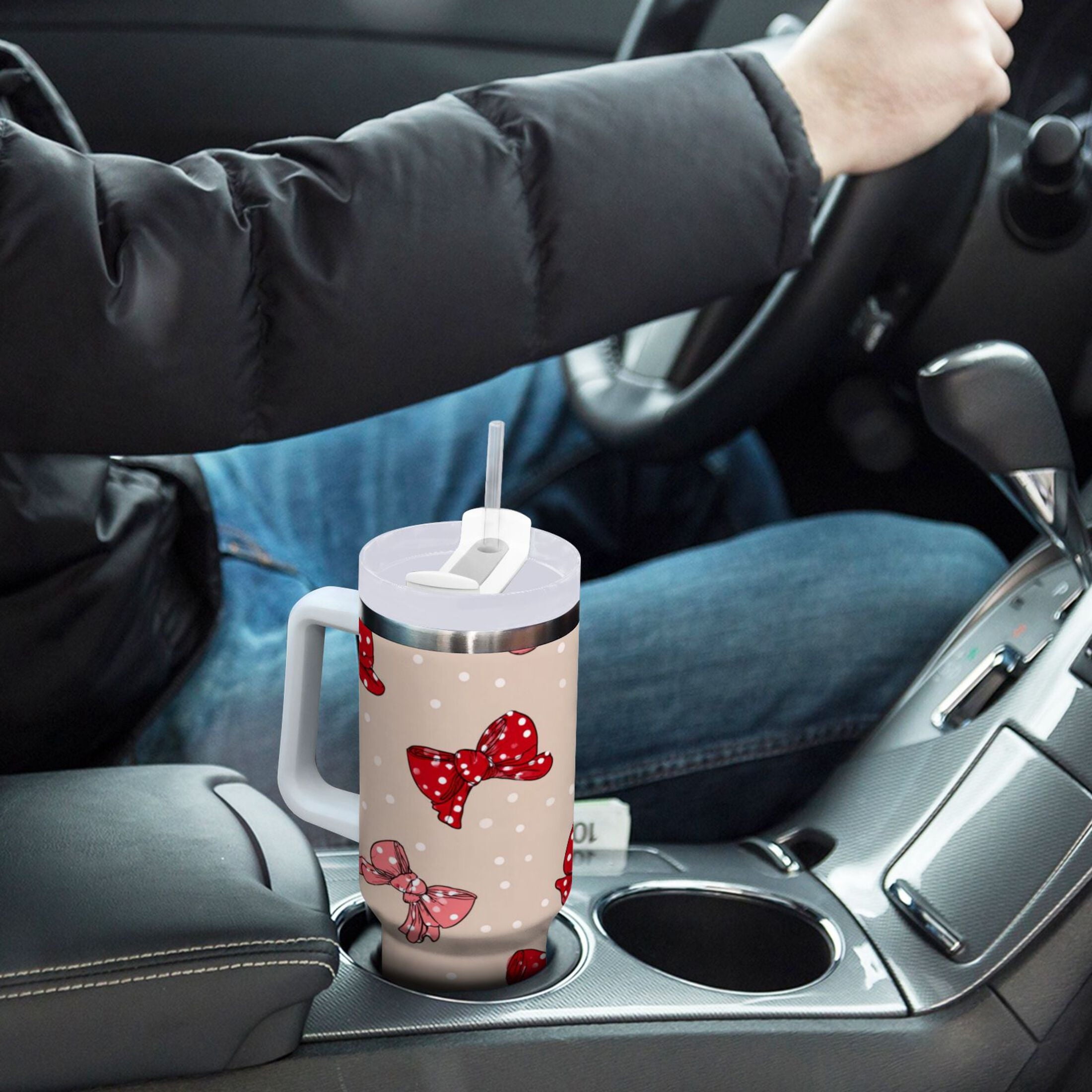 30 oz Insulated Stainless Steel Tumbler Double Wall Stainless Steel Tumbler with 2-Way Drinking Cute Red Bows Pattern C541R