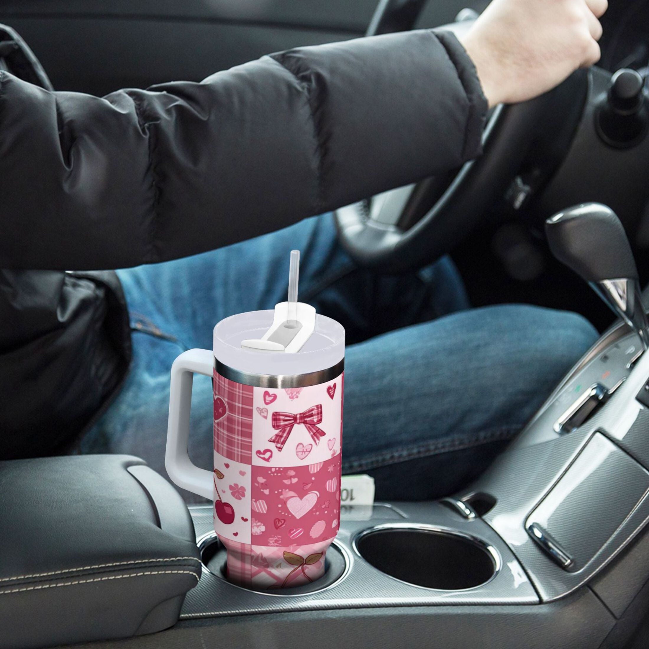 30 oz Insulated Stainless Steel Tumbler Double Wall Stainless Steel Tumbler with 2-Way Drinking Cherry Pattern with Bows C634X