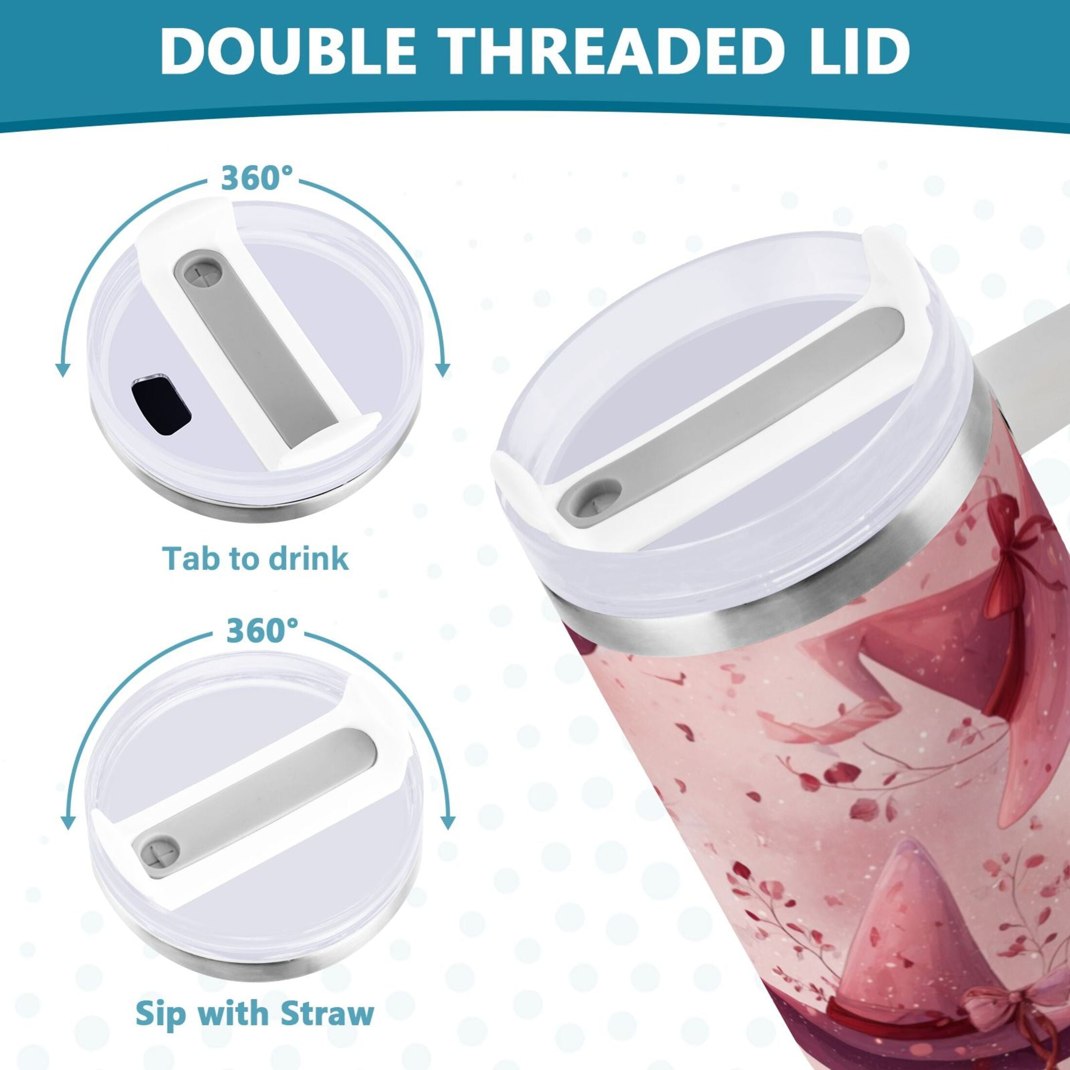 30 oz Insulated Stainless Steel Tumbler Double Wall Stainless Steel Tumbler with 2-Way Drinking Hats with Delicate Bows C679Y