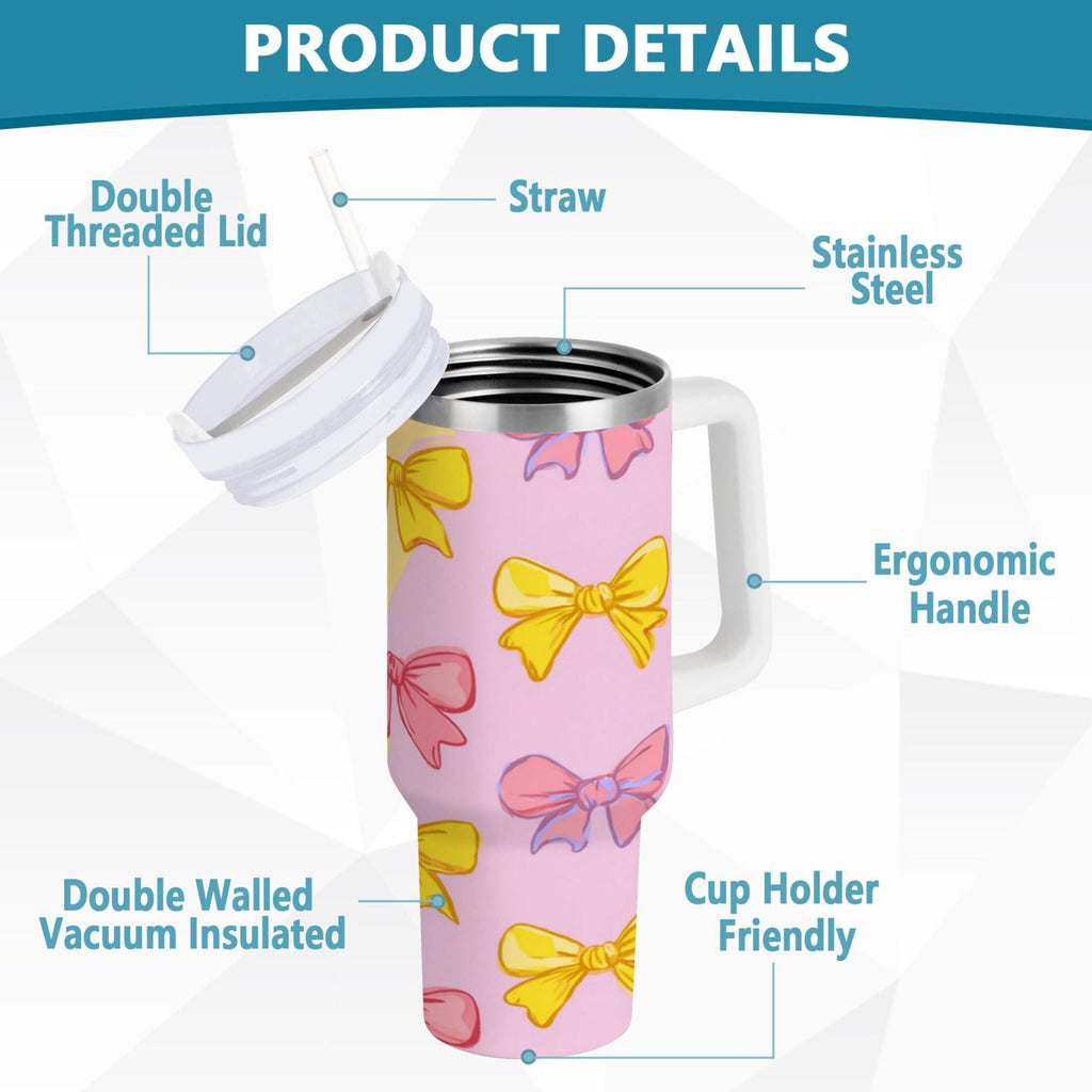 30 oz Insulated Stainless Steel Tumbler Double Wall Stainless Steel Tumbler with 2-Way Drinking Yellow and Pink Bows C566M