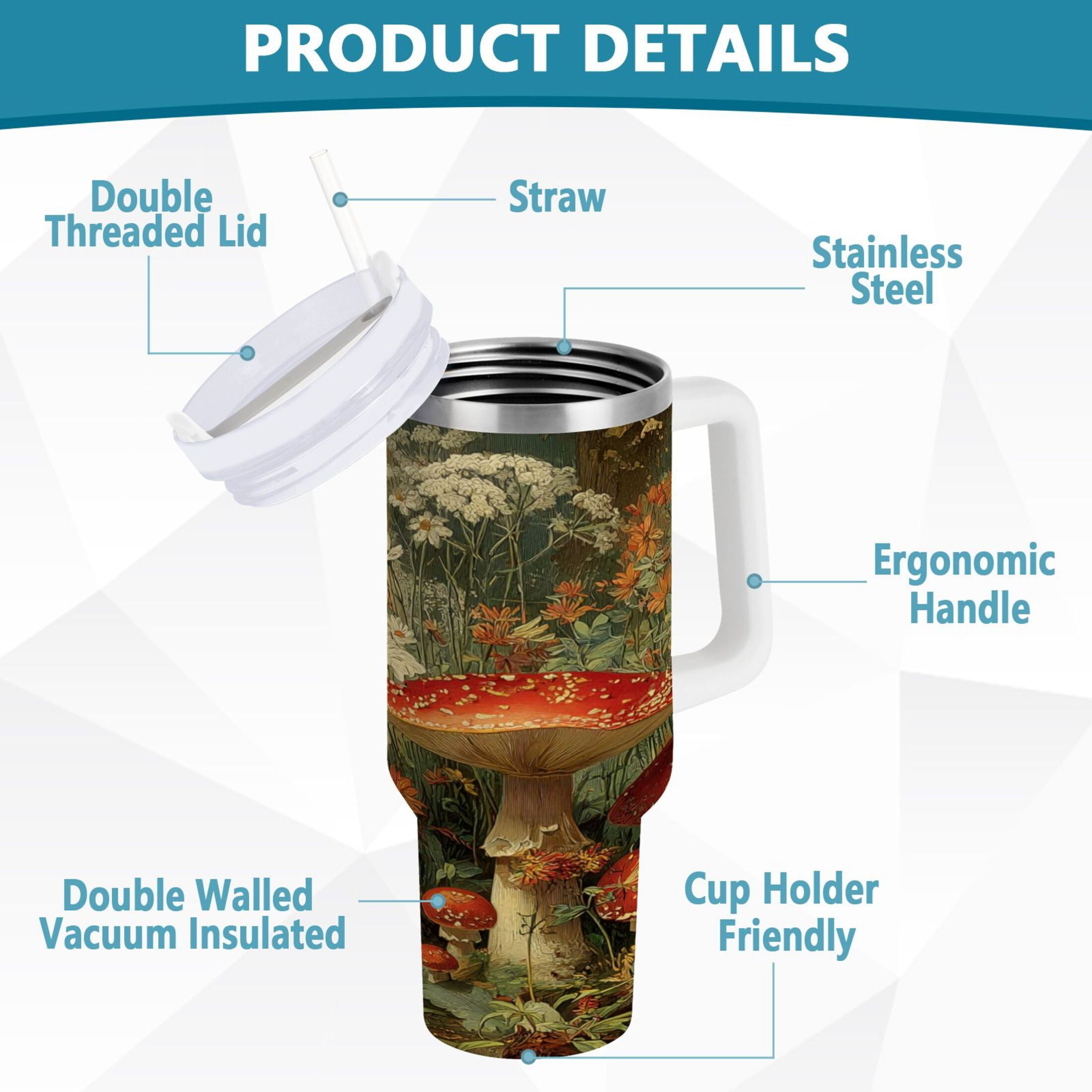 40 oz Insulated Stainless Steel Tumbler Double Wall Stainless Steel Tumbler with 2-Way Drinking Red Mushrooms C505X
