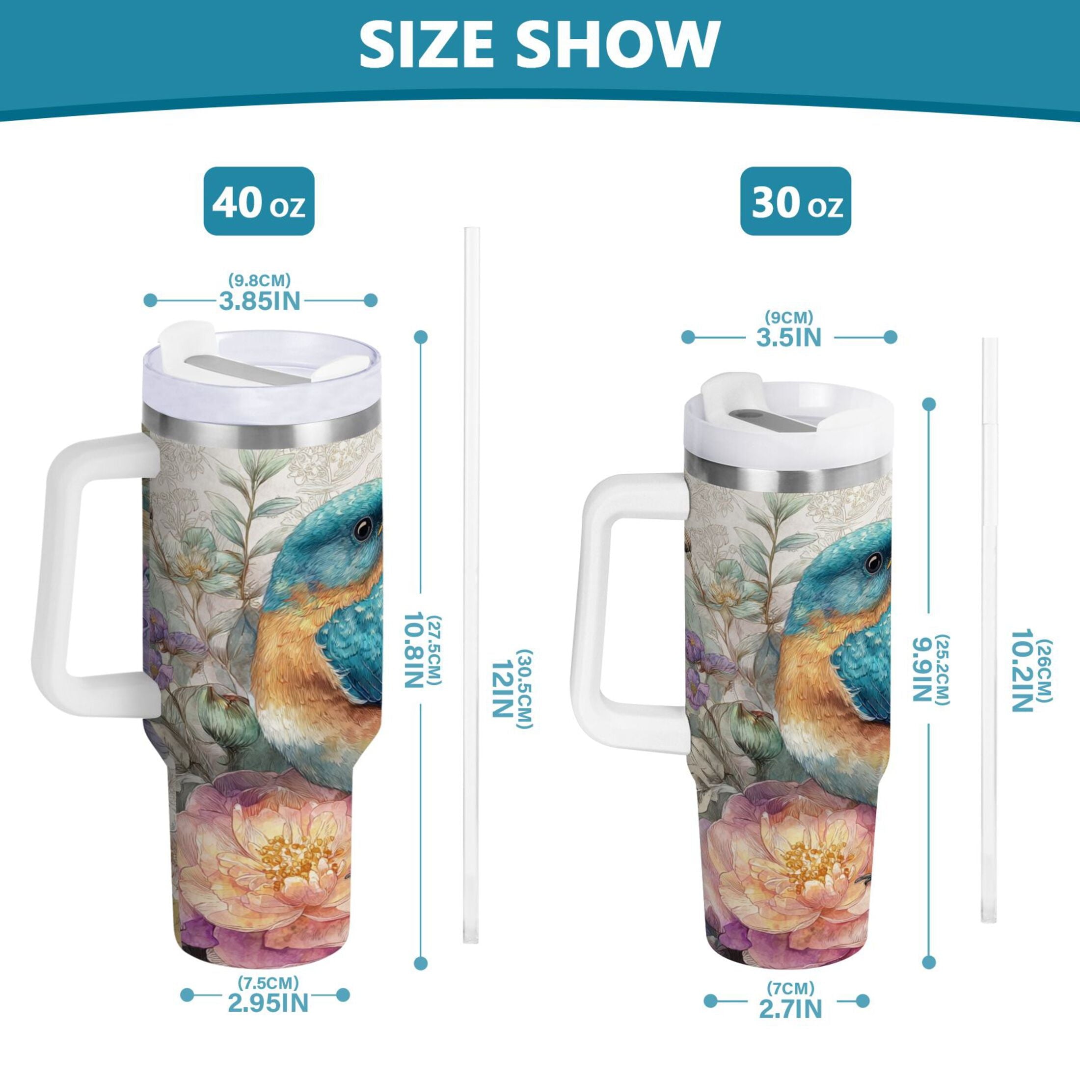 30 oz Insulated Stainless Steel Tumbler Double Wall Stainless Steel Tumbler with 2-Way Drinking Bluebird and Flower C538D