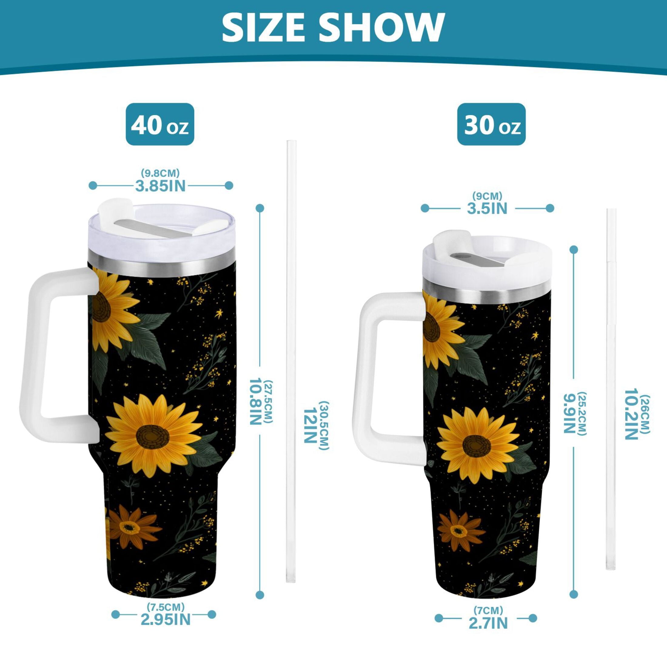 30 oz Insulated Stainless Steel Tumbler Double Wall Stainless Steel Tumbler with 2-Way Drinking Yellow Sunflower Pattern C532S