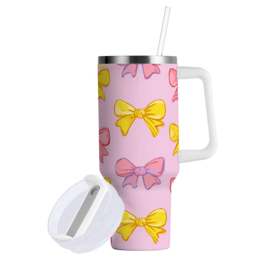 30 oz Insulated Stainless Steel Tumbler Double Wall Stainless Steel Tumbler with 2-Way Drinking Yellow and Pink Bows C566M