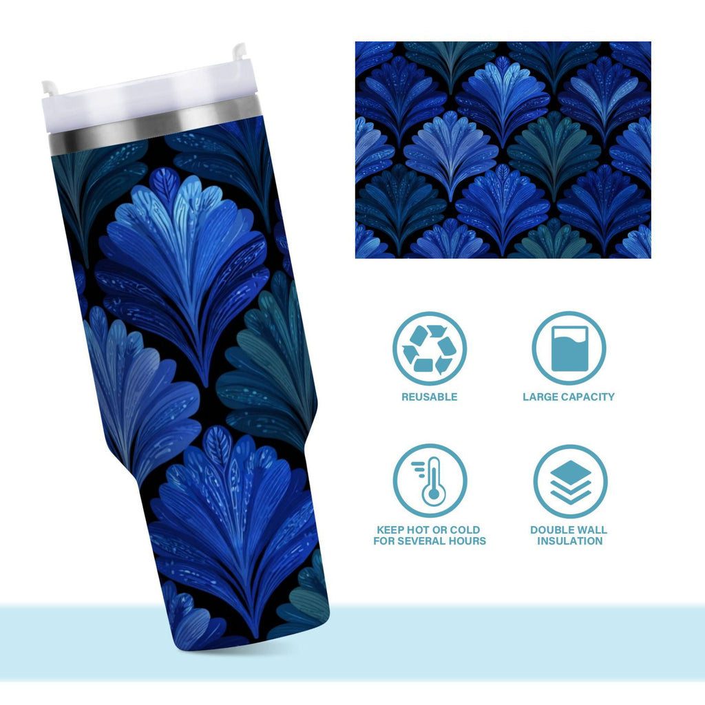 30 oz Insulated Stainless Steel Tumbler Double Wall Stainless Steel Tumbler with 2-Way Drinking Blue Batik Leaves Pattern C525X