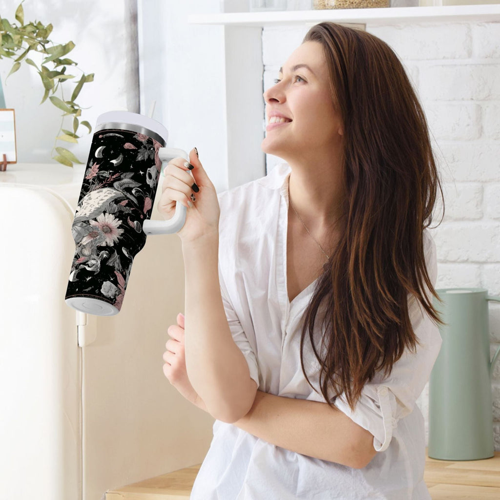 40 oz Insulated Stainless Steel Tumbler Double Wall Stainless Steel Tumbler with 2-Way Drinking Butterfly Surrounded by Flowers C640G