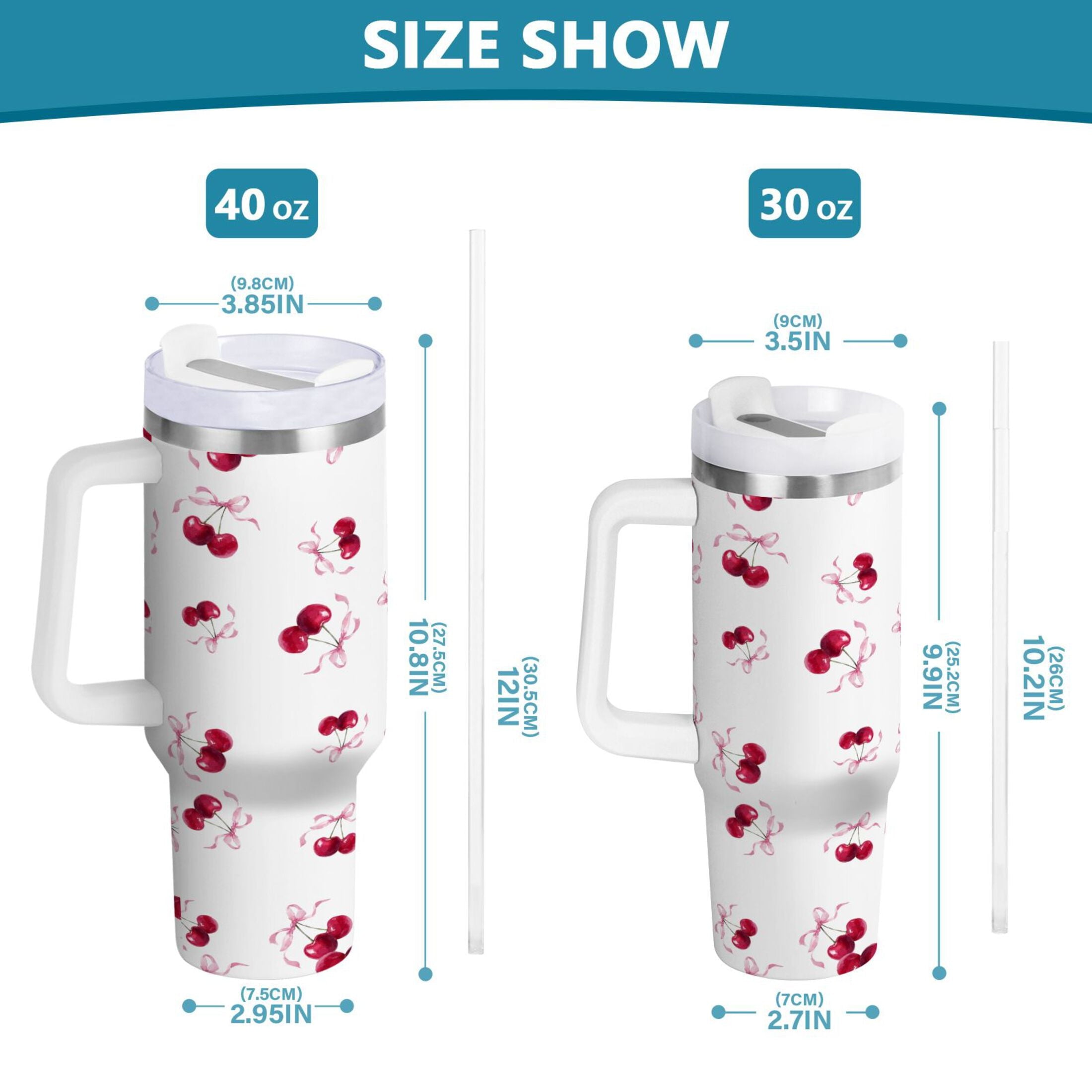 30 oz Insulated Stainless Steel Tumbler Double Wall Stainless Steel Tumbler with 2-Way Drinking Watercolor Cherries Pattern C604S