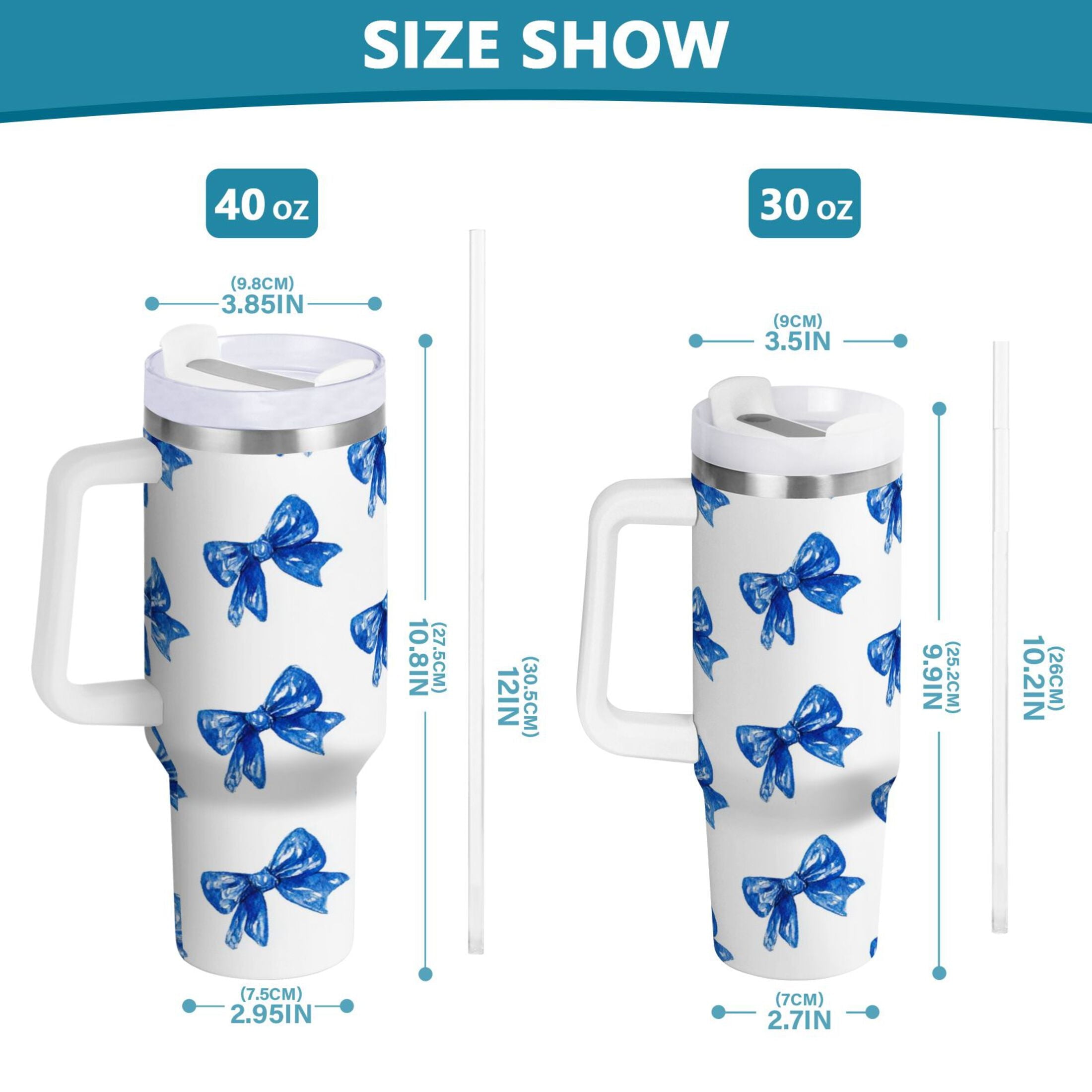 30 oz Insulated Stainless Steel Tumbler Double Wall Stainless Steel Tumbler with 2-Way Drinking Blue Bows Pattern C620Q