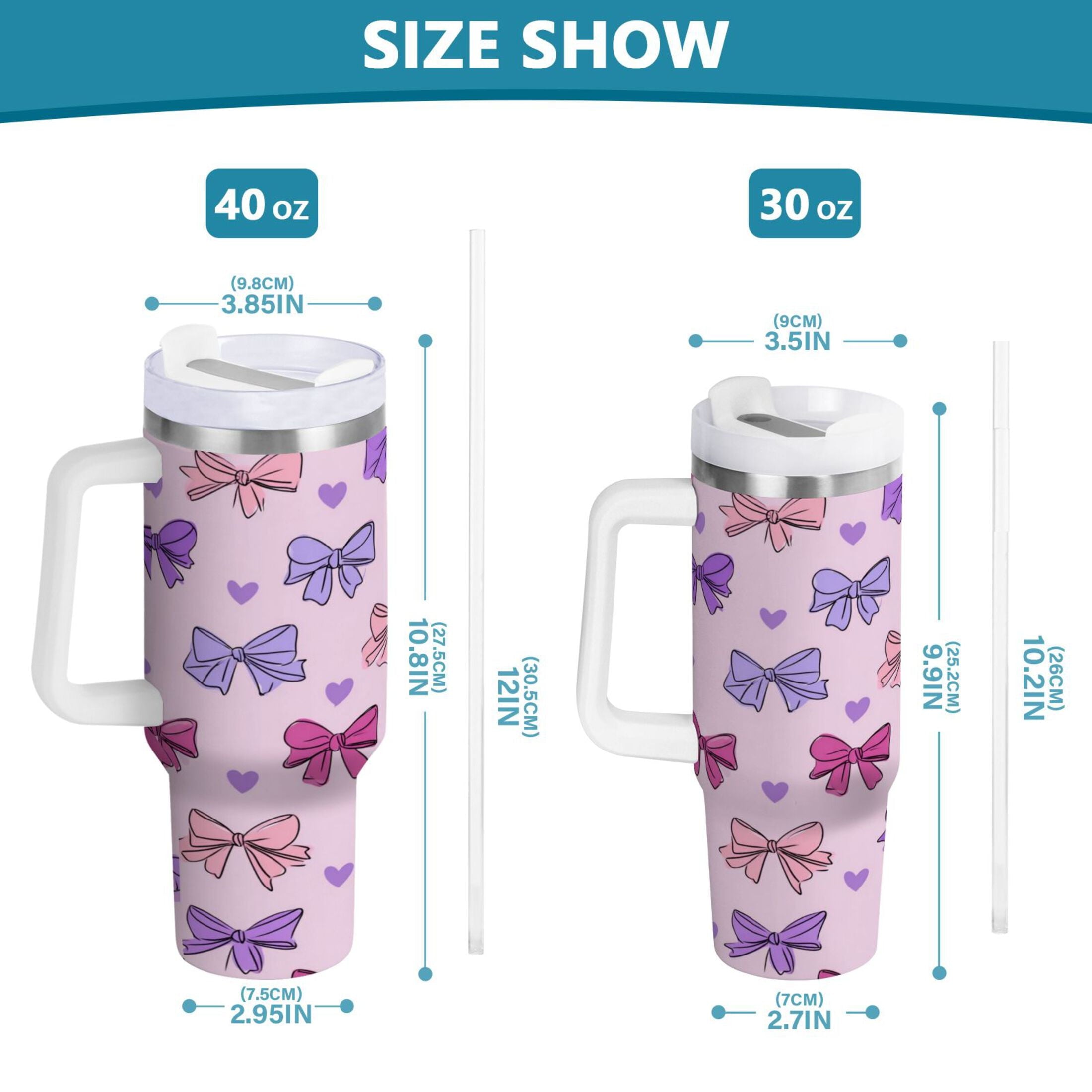 30 oz Insulated Stainless Steel Tumbler Double Wall Stainless Steel Tumbler with 2-Way Drinking Bows and Heart Pattern C422Q