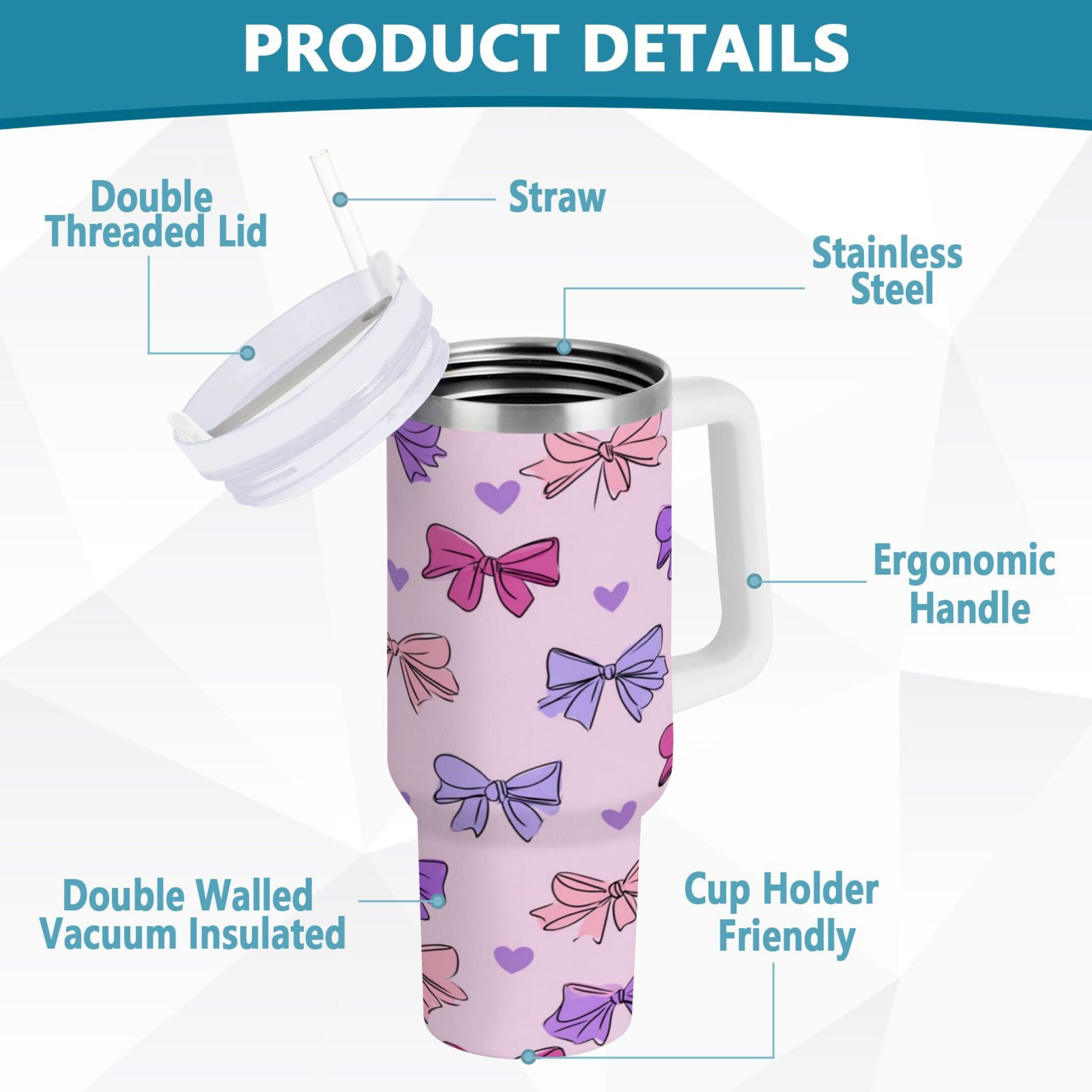 30 oz Insulated Stainless Steel Tumbler Double Wall Stainless Steel Tumbler with 2-Way Drinking Bows and Heart Pattern C422Q