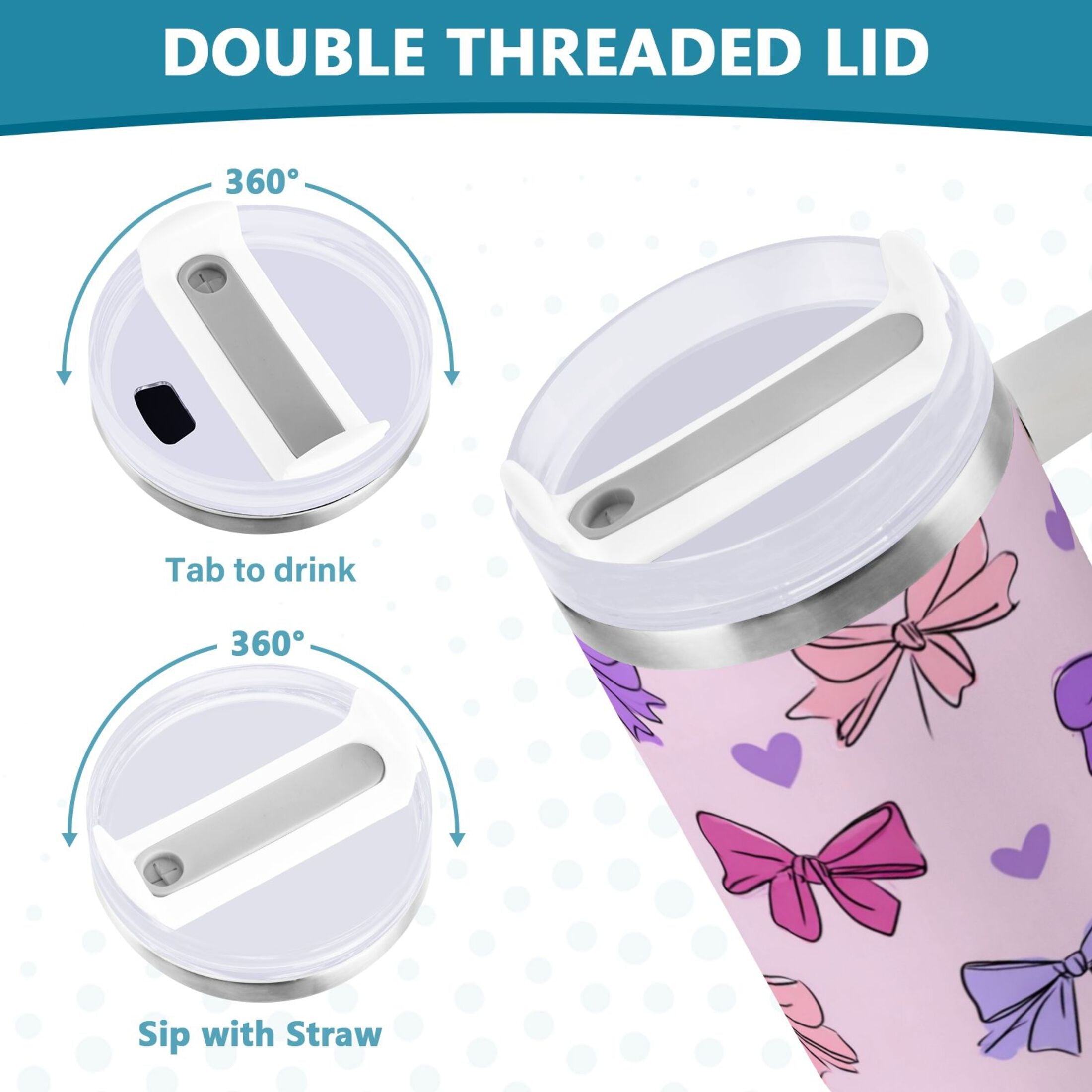 30 oz Insulated Stainless Steel Tumbler Double Wall Stainless Steel Tumbler with 2-Way Drinking Bows and Heart Pattern C422Q