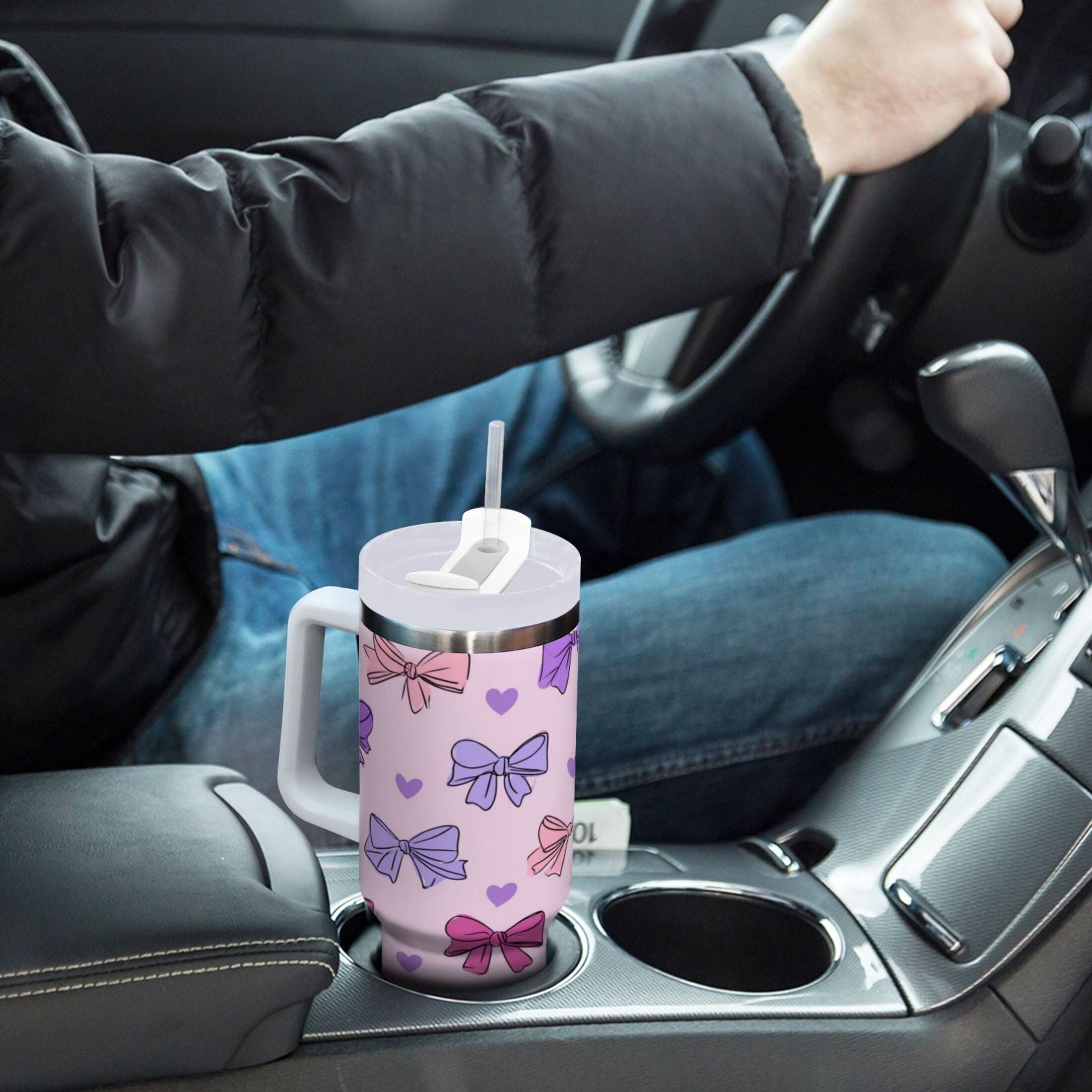 30 oz Insulated Stainless Steel Tumbler Double Wall Stainless Steel Tumbler with 2-Way Drinking Bows and Heart Pattern C422Q