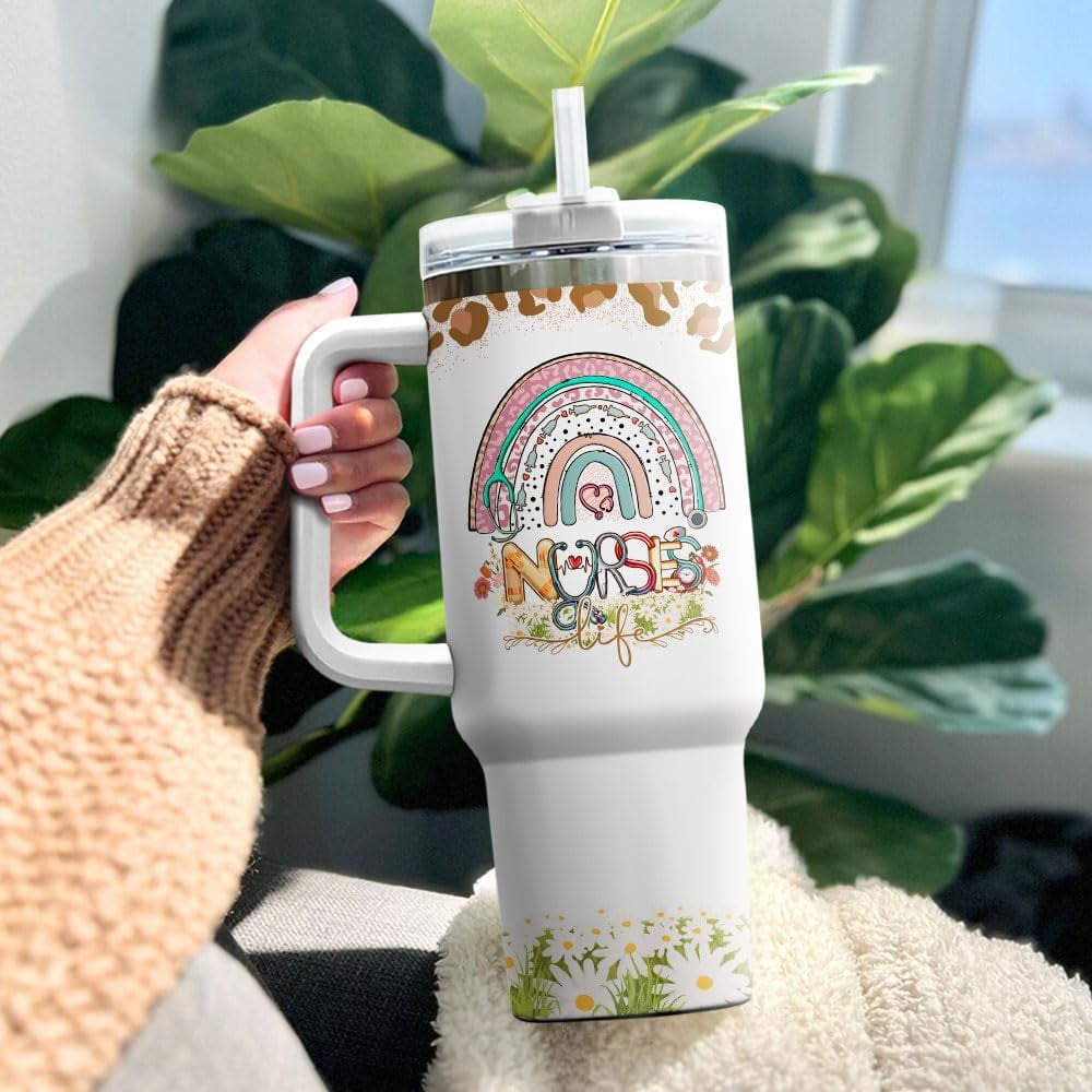 Tumbler 40 Oz With Handle Lid And Straw, Nurse Gifts, Black Camo White Engraved Print Travel Nurses Tumblers Handle Funny Cups Nursing For, Great Nurse Rainbow Daisy Flower C683A