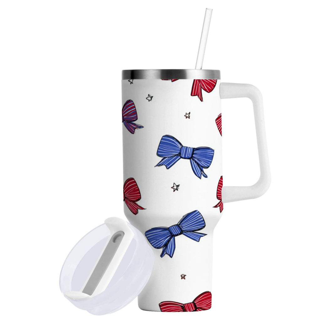 30 oz Insulated Stainless Steel Tumbler Double Wall Stainless Steel Tumbler with 2-Way Drinking Red and Blue Stripe Bows C656P