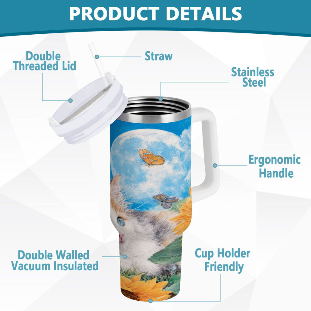 40 oz Insulated Stainless Steel Tumbler Double Wall Stainless Steel Tumbler with 2-Way Drinking Playful Cat Lying Sunflowers C549U