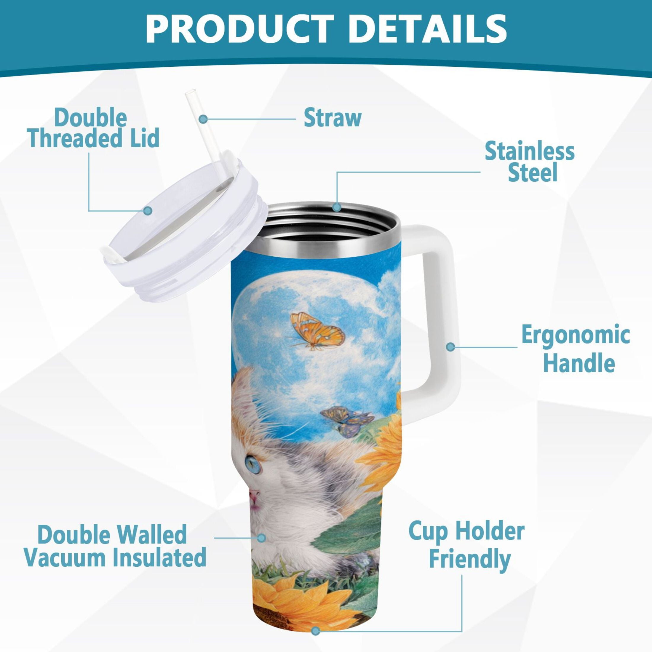 40 oz Insulated Stainless Steel Tumbler Double Wall Stainless Steel Tumbler with 2-Way Drinking Playful Cat Lying Sunflowers C549U