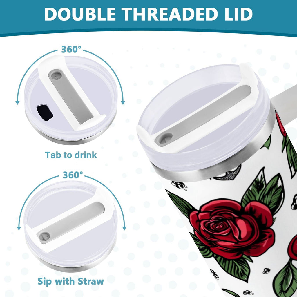 40 oz Insulated Stainless Steel Tumbler Double Wall Stainless Steel Tumbler with 2-Way Drinking Red Roses and Cherries C599D