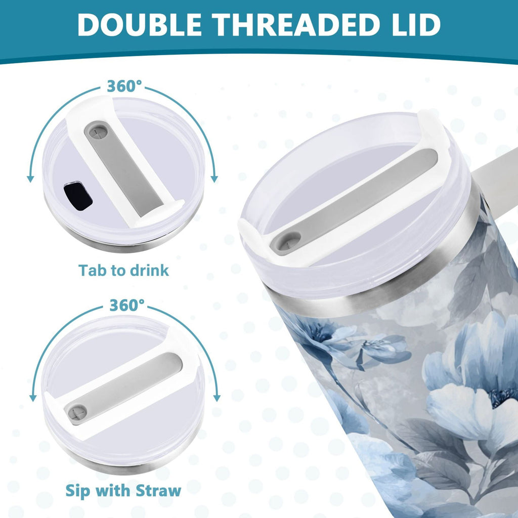 40 oz Insulated Stainless Steel Tumbler Double Wall Stainless Steel Tumbler with 2-Way Drinking White Floral Pattern C584C