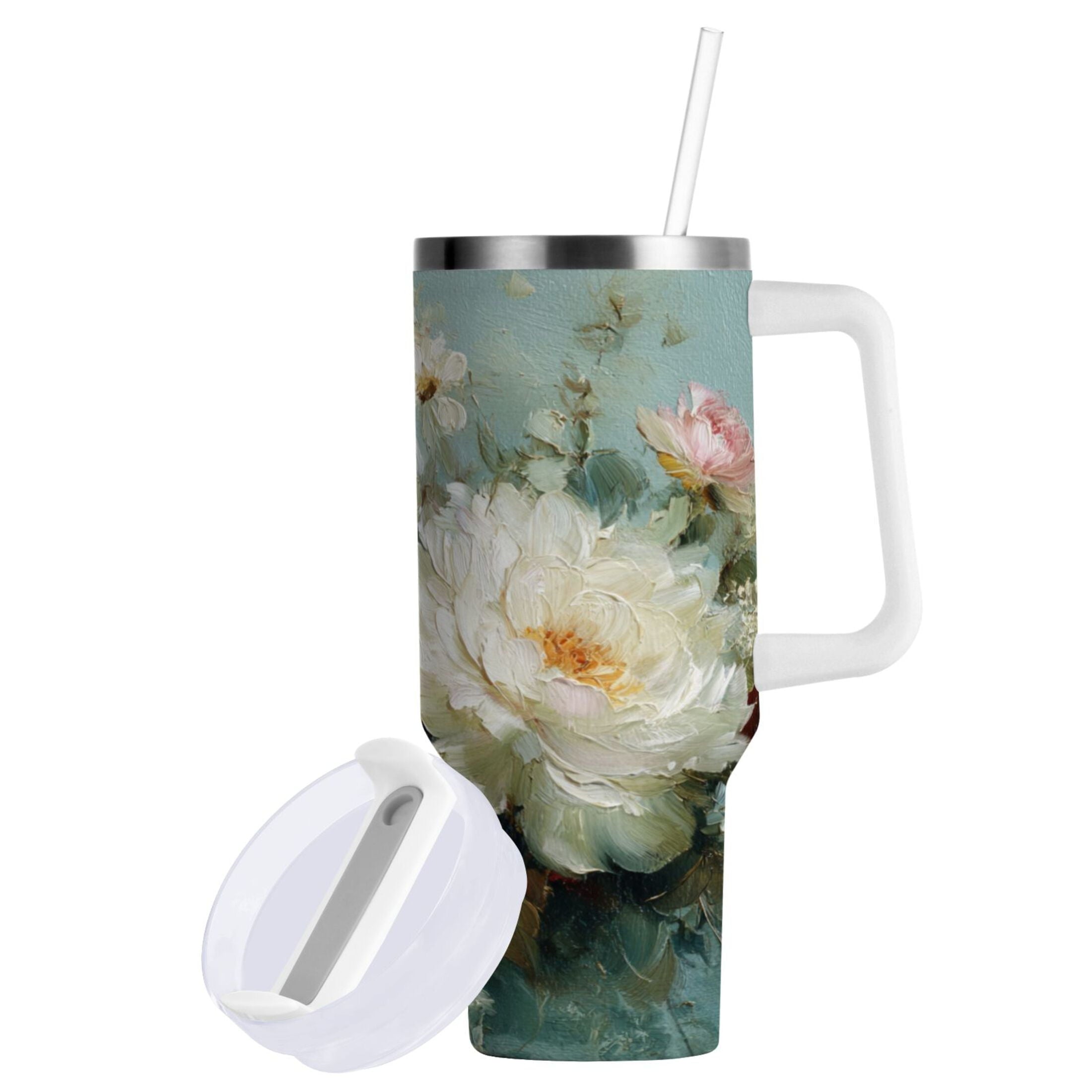 40 oz Insulated Stainless Steel Tumbler Double Wall Stainless Steel Tumbler with 2-Way Drinking Vintage Peonies and Daisies C677F