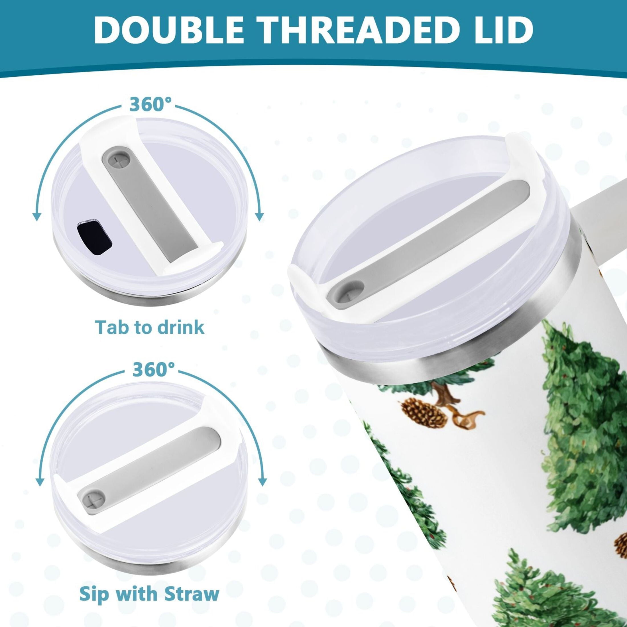 30 oz Insulated Stainless Steel Tumbler Double Wall Stainless Steel Tumbler with 2-Way Drinking Watercolor Green Christmas Tree C533S