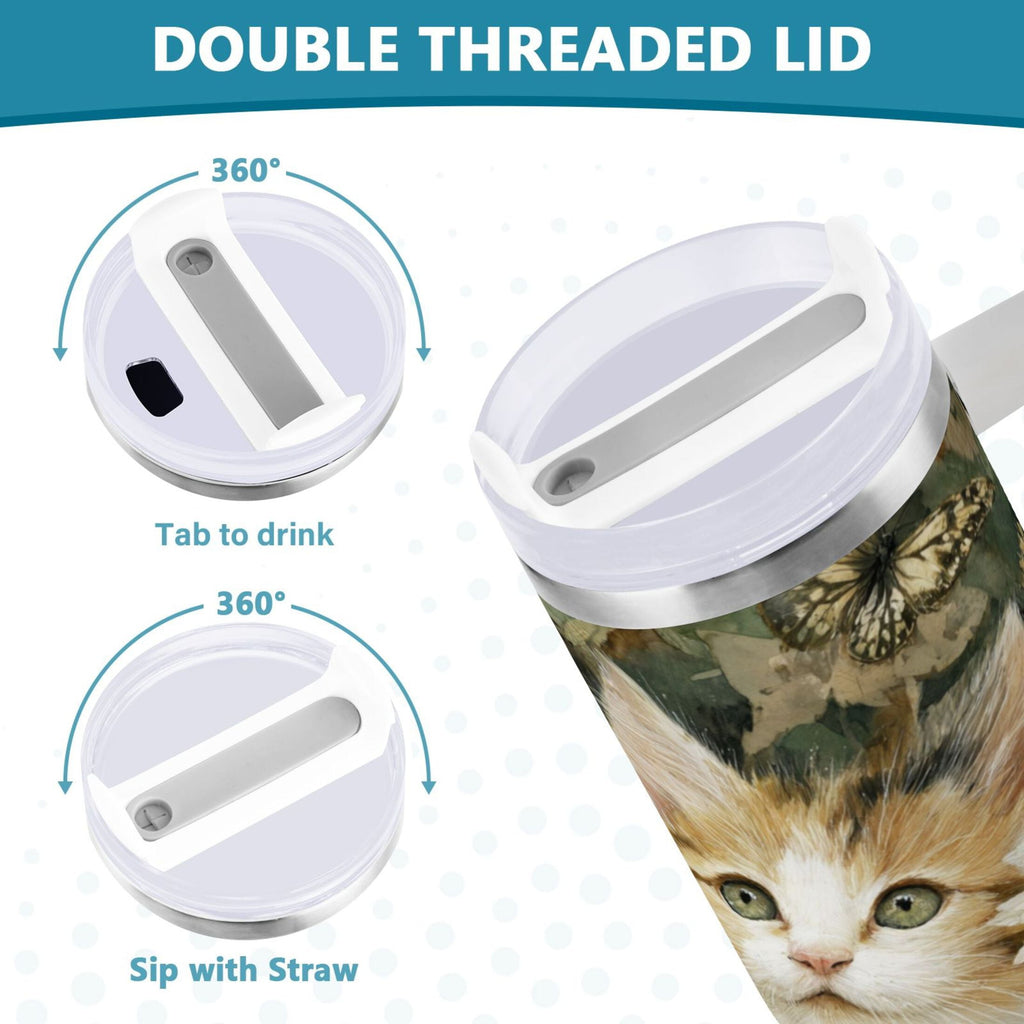 30 oz Insulated Stainless Steel Tumbler Double Wall Stainless Steel Tumbler with 2-Way Drinking Adorable Cats and Daisies C602Z