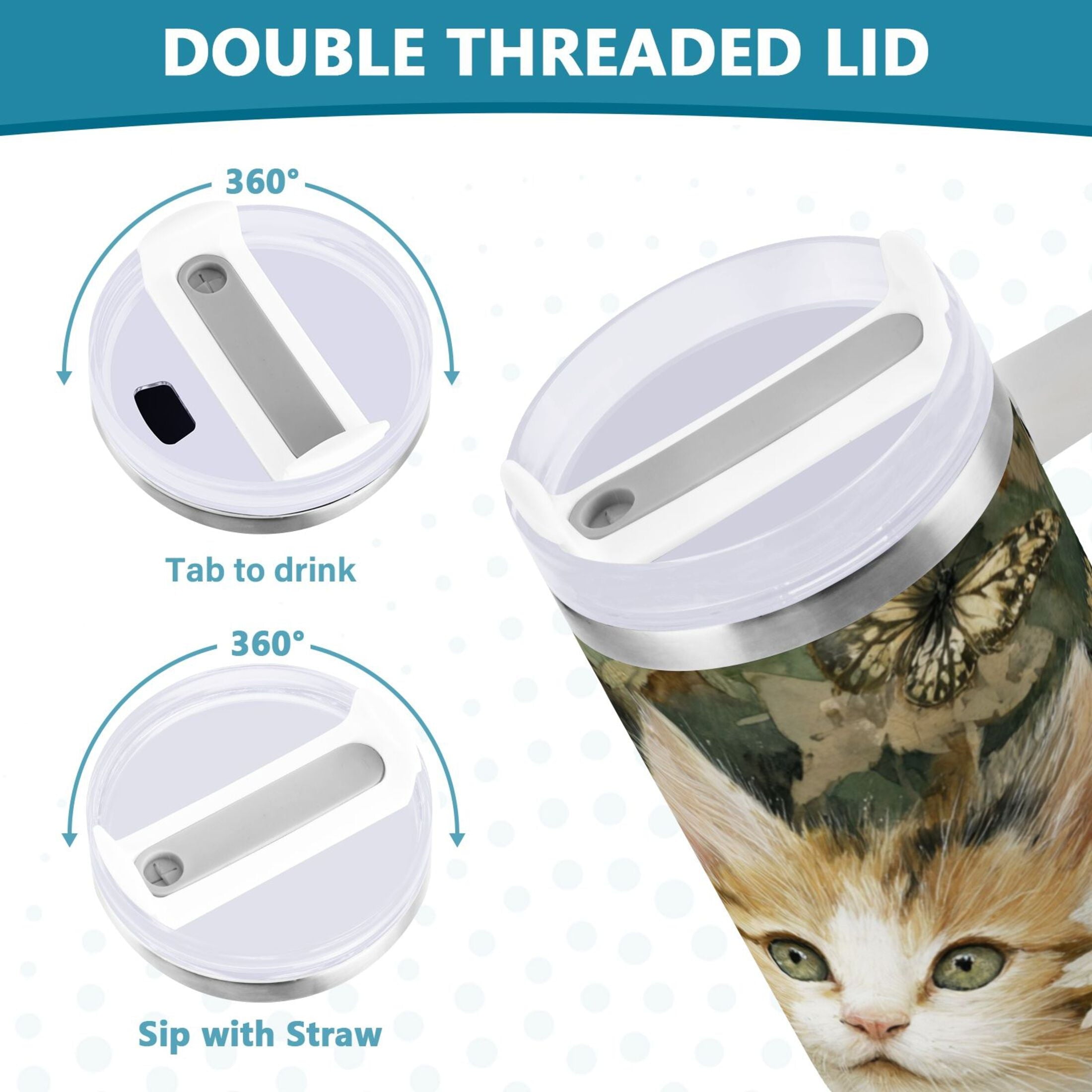 30 oz Insulated Stainless Steel Tumbler Double Wall Stainless Steel Tumbler with 2-Way Drinking Adorable Cats and Daisies C602Z
