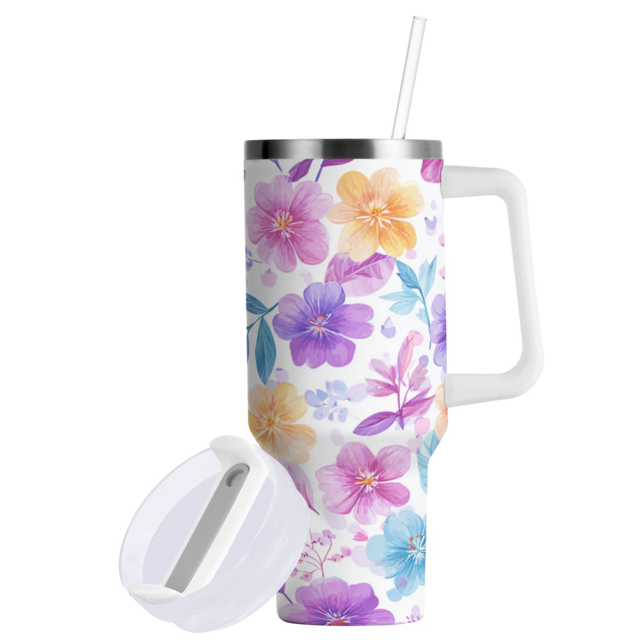 30 oz Insulated Stainless Steel Tumbler Double Wall Stainless Steel Tumbler with 2-Way Drinking Pink and Purple Flowers C424X