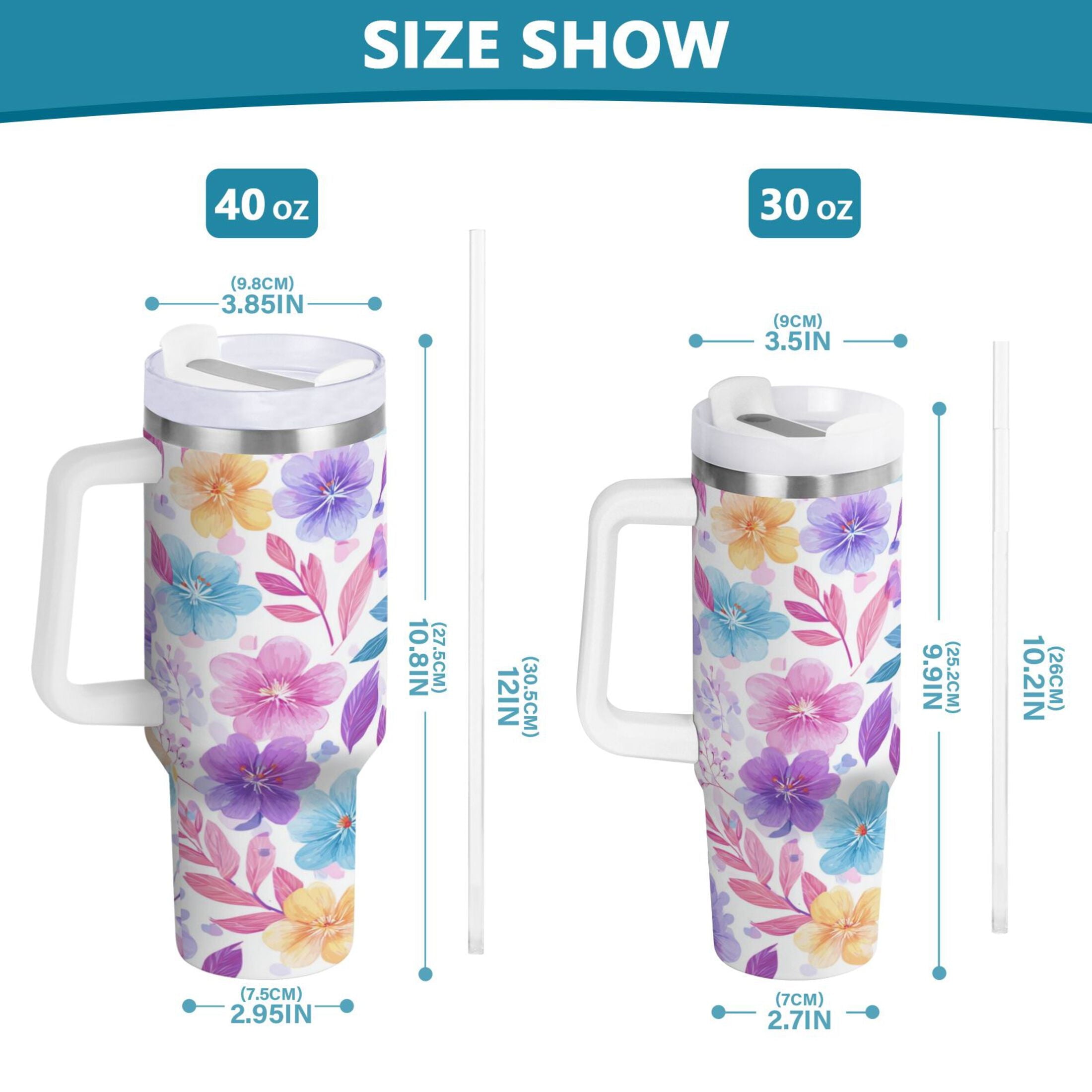 30 oz Insulated Stainless Steel Tumbler Double Wall Stainless Steel Tumbler with 2-Way Drinking Pink and Purple Flowers C424X
