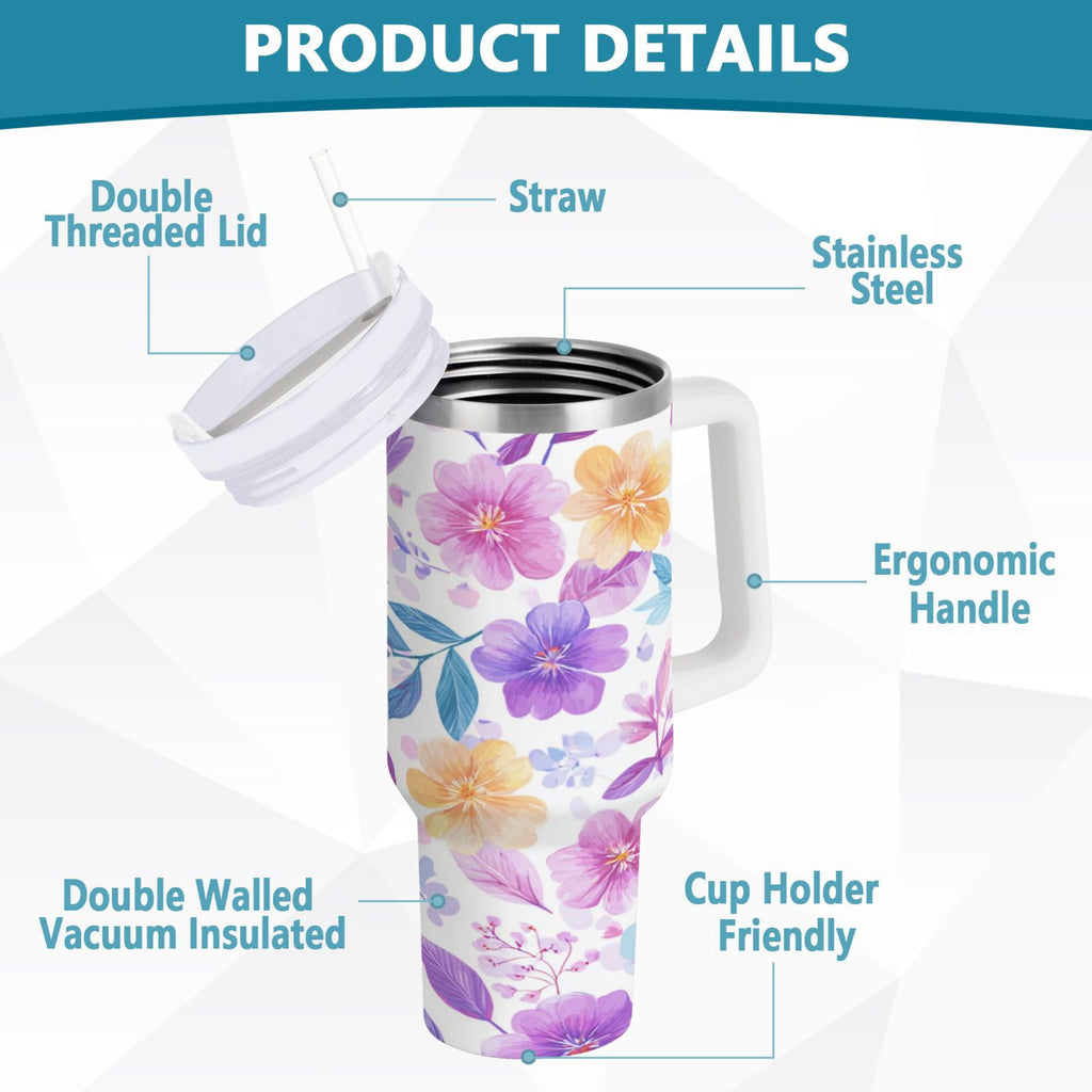 30 oz Insulated Stainless Steel Tumbler Double Wall Stainless Steel Tumbler with 2-Way Drinking Pink and Purple Flowers C424X
