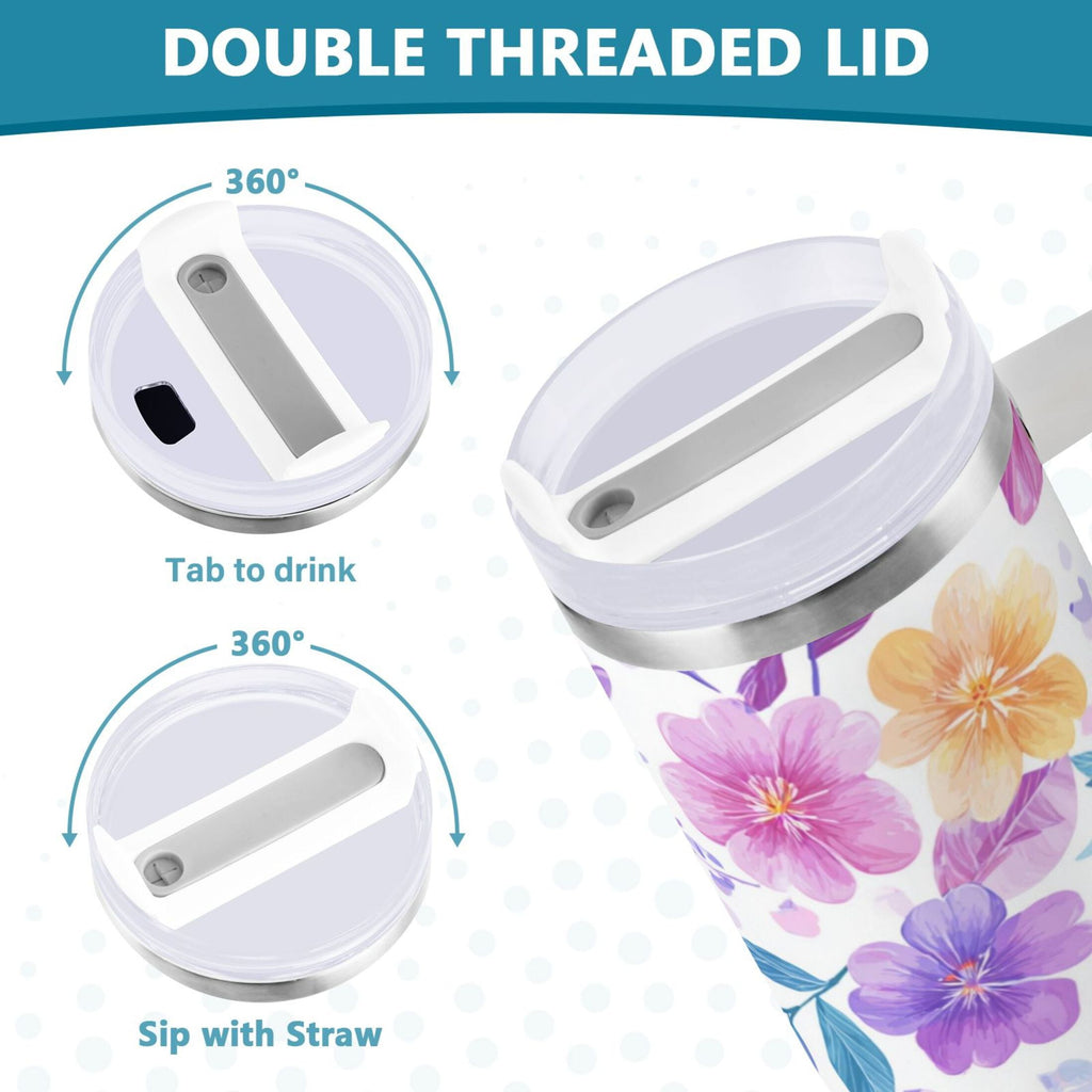 30 oz Insulated Stainless Steel Tumbler Double Wall Stainless Steel Tumbler with 2-Way Drinking Pink and Purple Flowers C424X