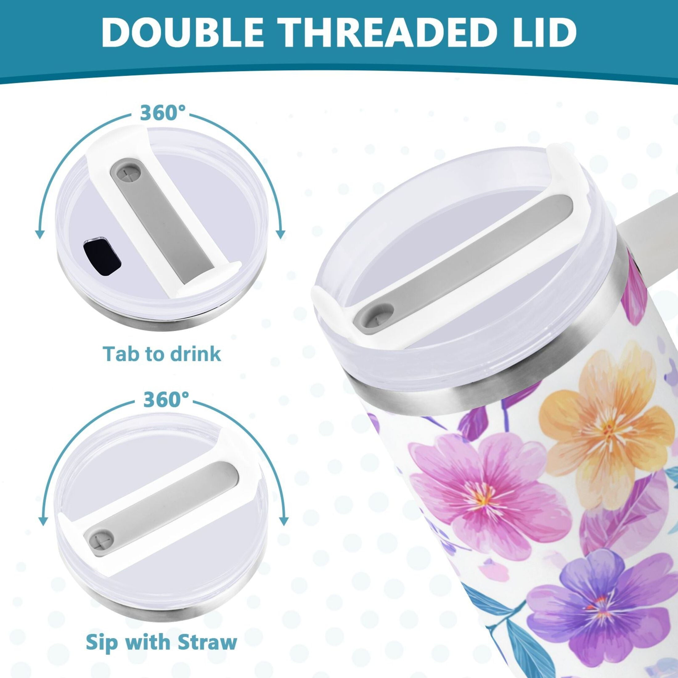 30 oz Insulated Stainless Steel Tumbler Double Wall Stainless Steel Tumbler with 2-Way Drinking Pink and Purple Flowers C424X