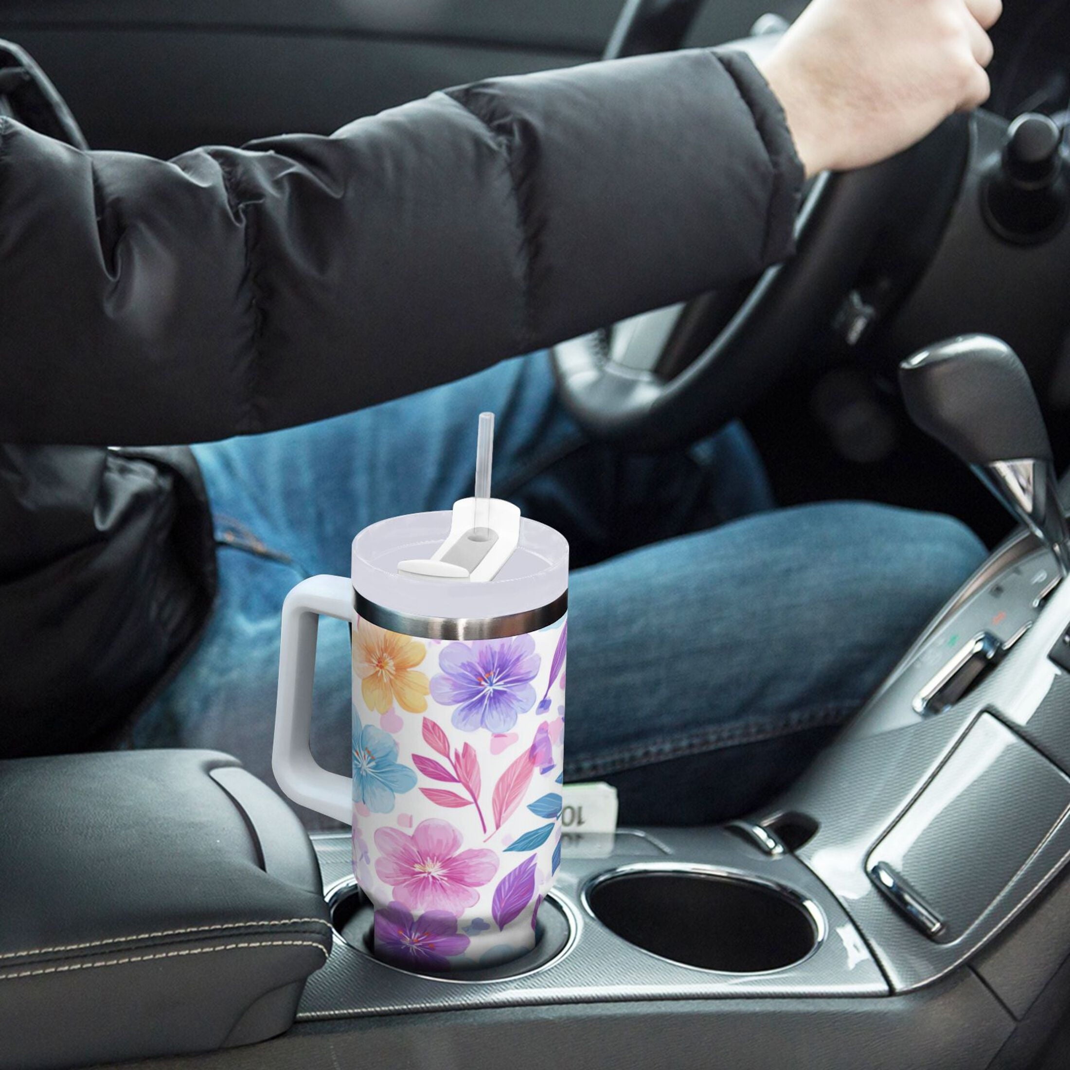 30 oz Insulated Stainless Steel Tumbler Double Wall Stainless Steel Tumbler with 2-Way Drinking Pink and Purple Flowers C424X
