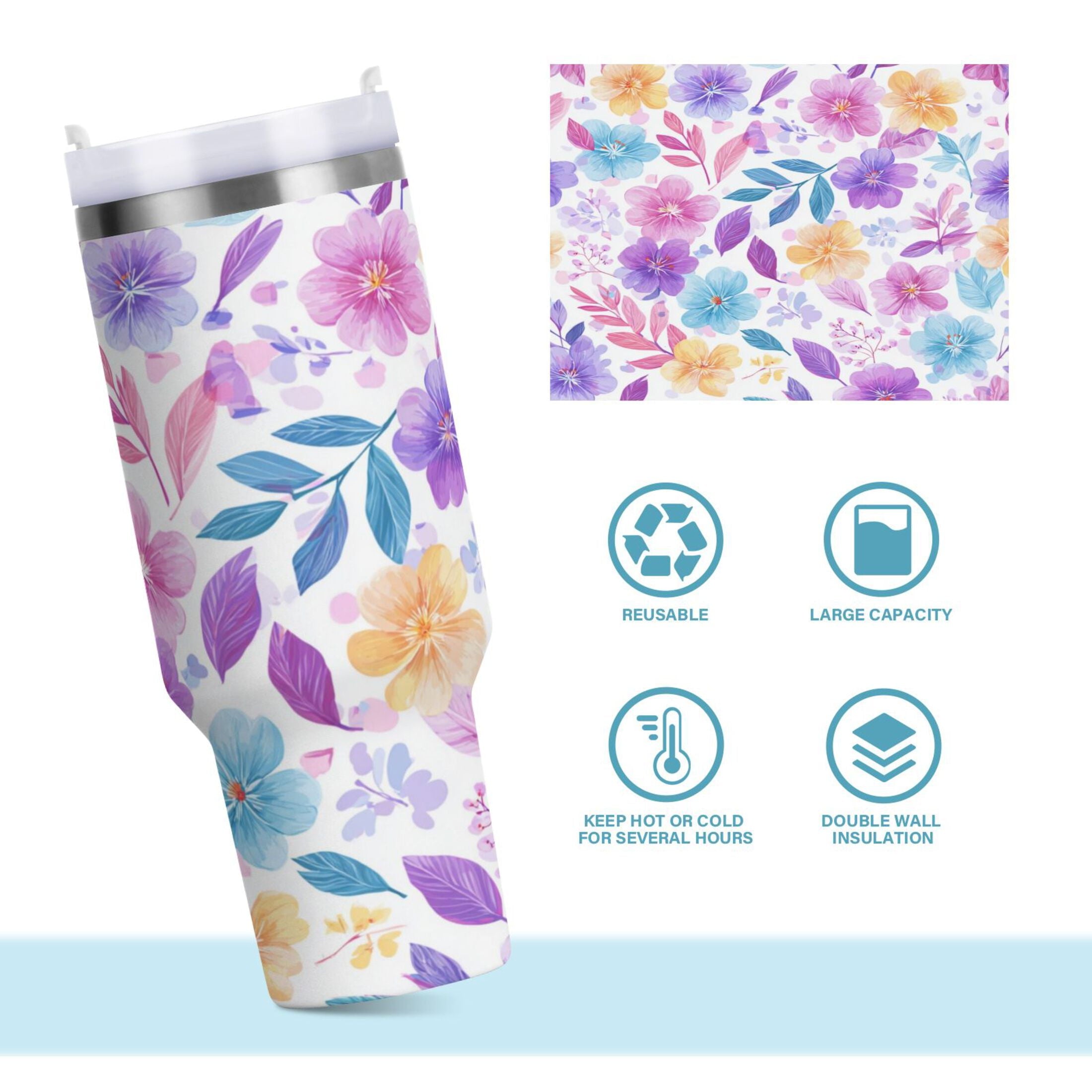 30 oz Insulated Stainless Steel Tumbler Double Wall Stainless Steel Tumbler with 2-Way Drinking Pink and Purple Flowers C424X