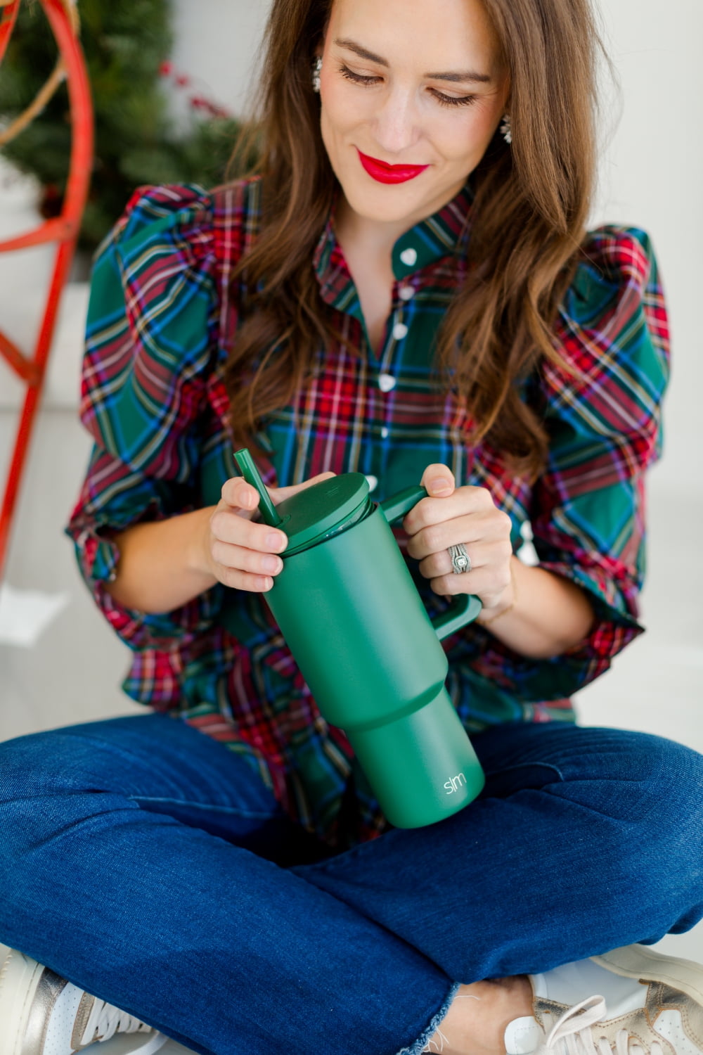 Simple Modern 30 fl oz Insulated Stainless Steel Trek Tumbler with Straw Lid | Seaglass Sage and Cream Checkmate C690P
