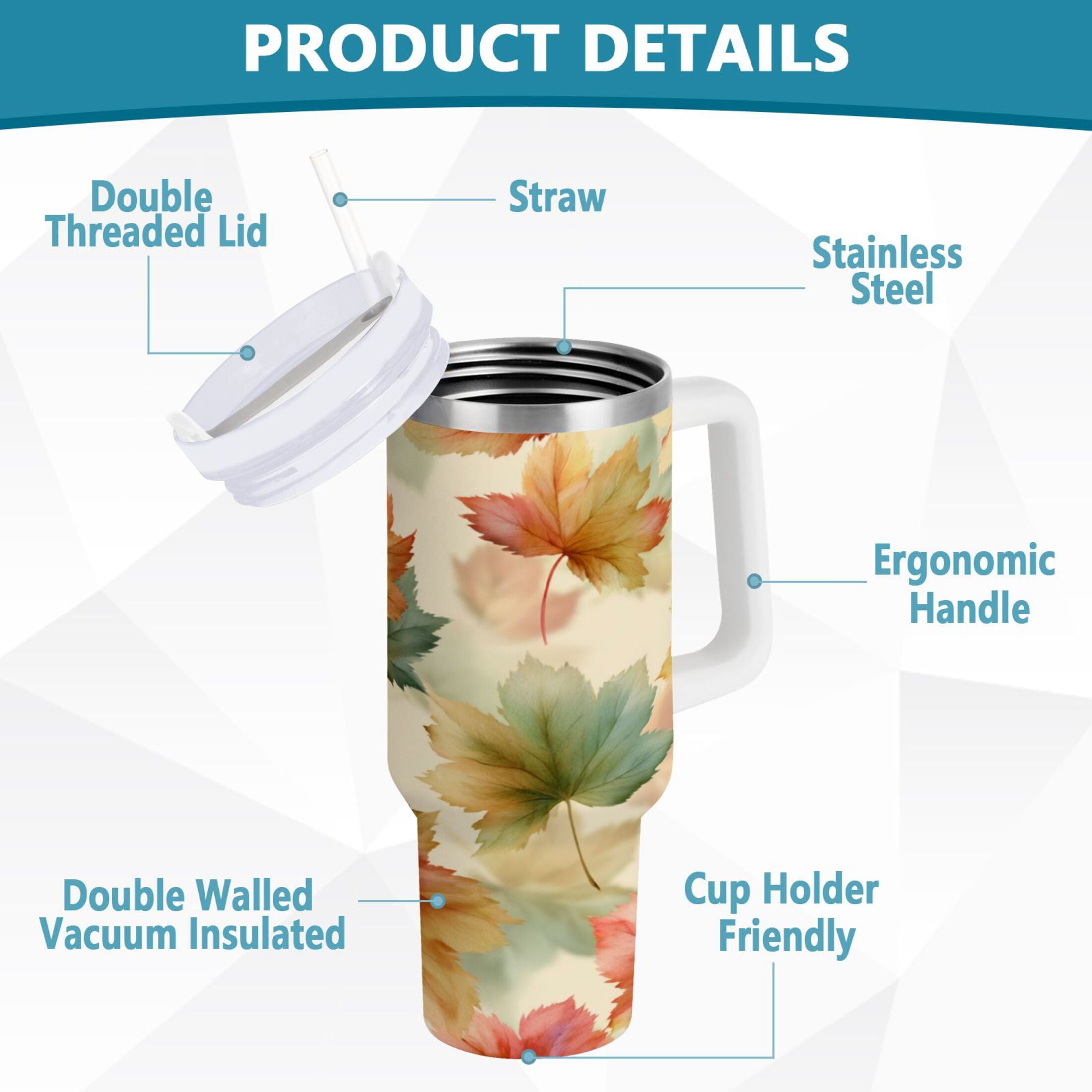 40 oz Insulated Stainless Steel Tumbler Double Wall Stainless Steel Tumbler with 2-Way Drinking Watercolor Maple Leaves Pattern C513U