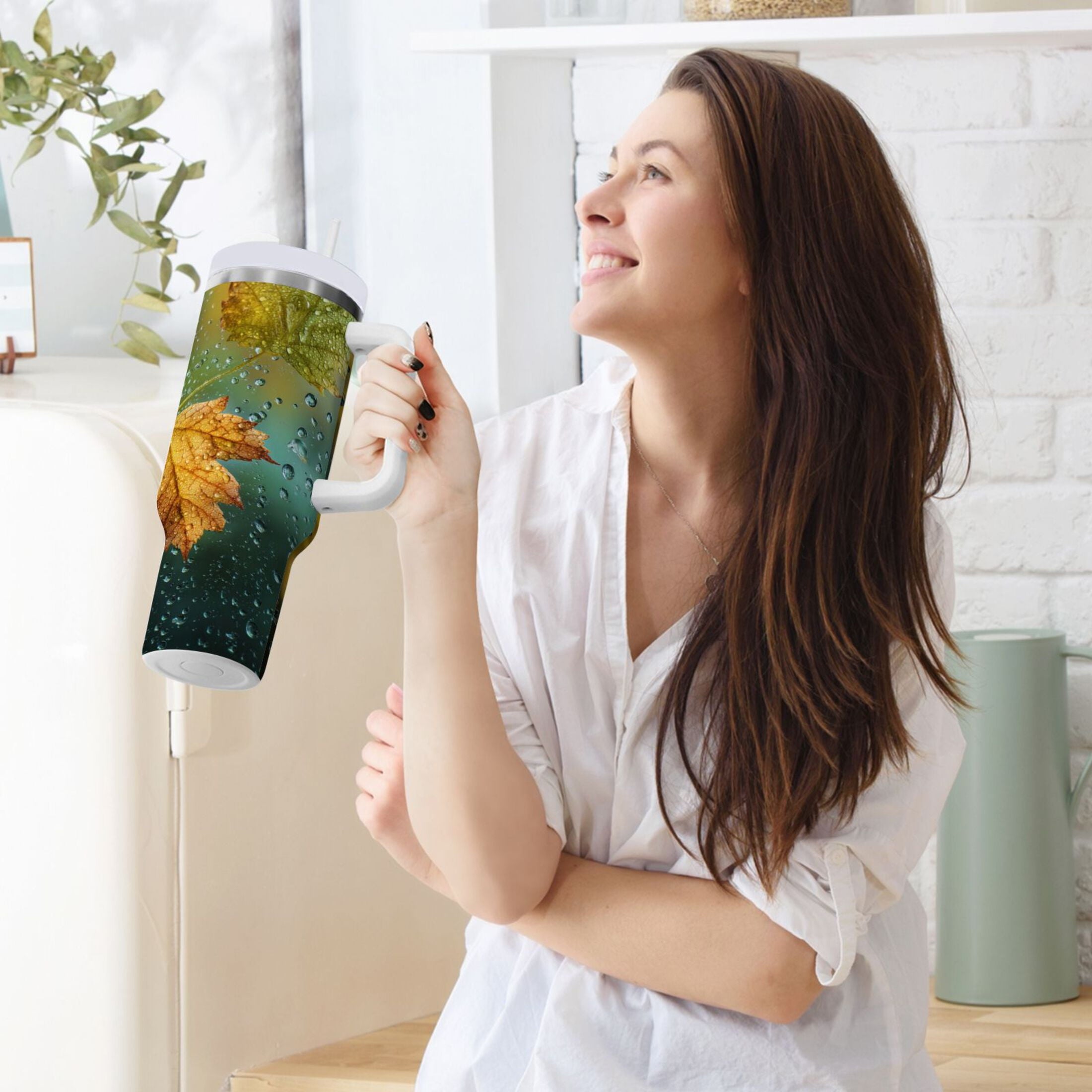 30 oz Insulated Stainless Steel Tumbler Double Wall Stainless Steel Tumbler with 2-Way Drinking Leaves with Water Droplets C500B