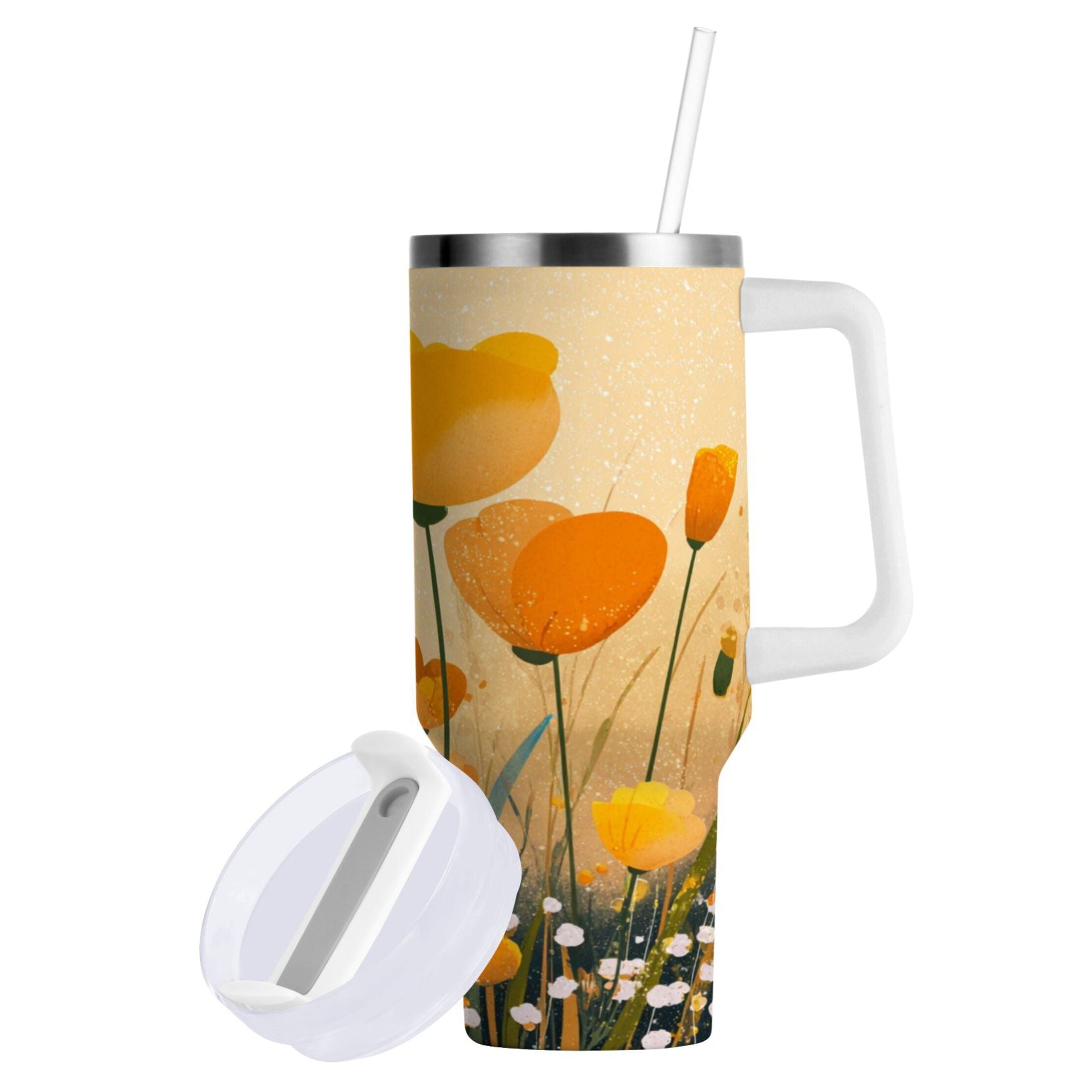 30 oz Insulated Stainless Steel Tumbler Double Wall Stainless Steel Tumbler with 2-Way Drinking Yellow Flowers on The Grass C594A