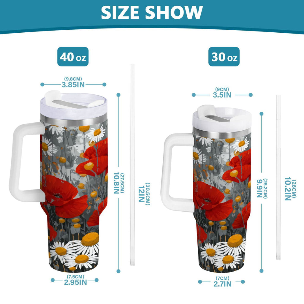 40 oz Insulated Stainless Steel Tumbler Double Wall Stainless Steel Tumbler with 2-Way Drinking Red Flowers and Daisies C498S