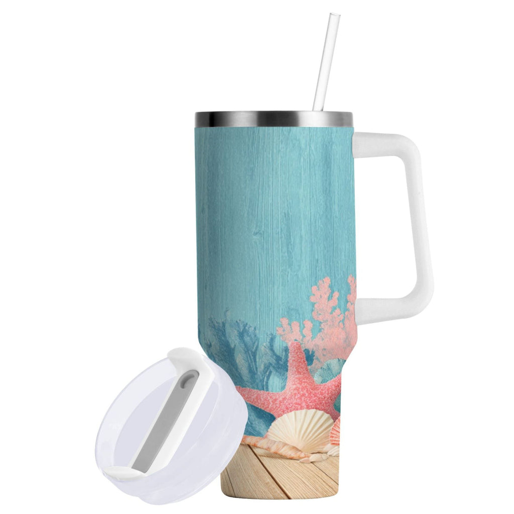40 oz Insulated Stainless Steel Tumbler Double Wall Stainless Steel Tumbler with 2-Way Drinking Colorful Starfish and Seashells C636N